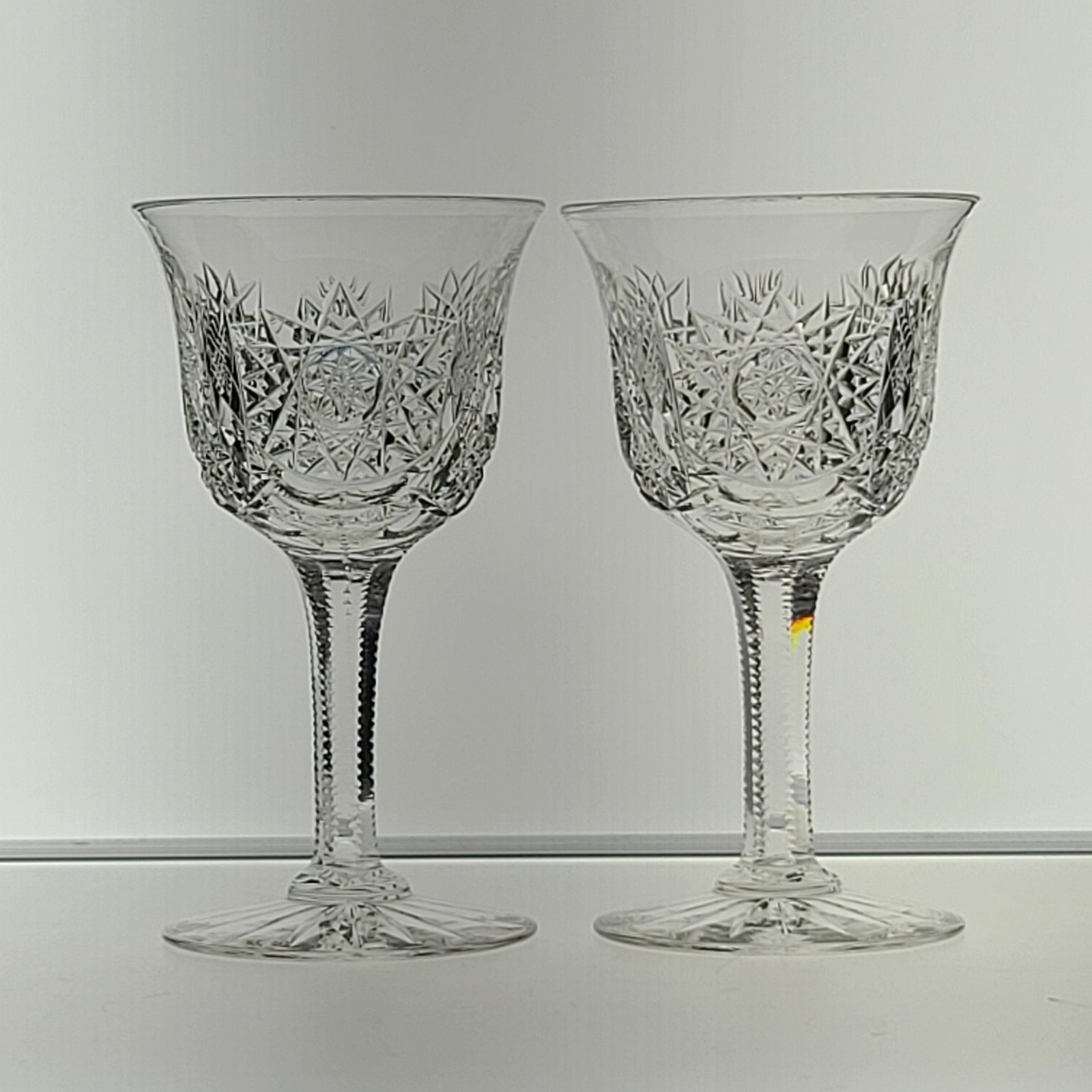 2 ABP Cut Glass Wine Stems Clark "MAYFLOWER": American brilliant Period Cut Glass "MAYFLOWER", Clark Wine Stems 4 1/4" Tall