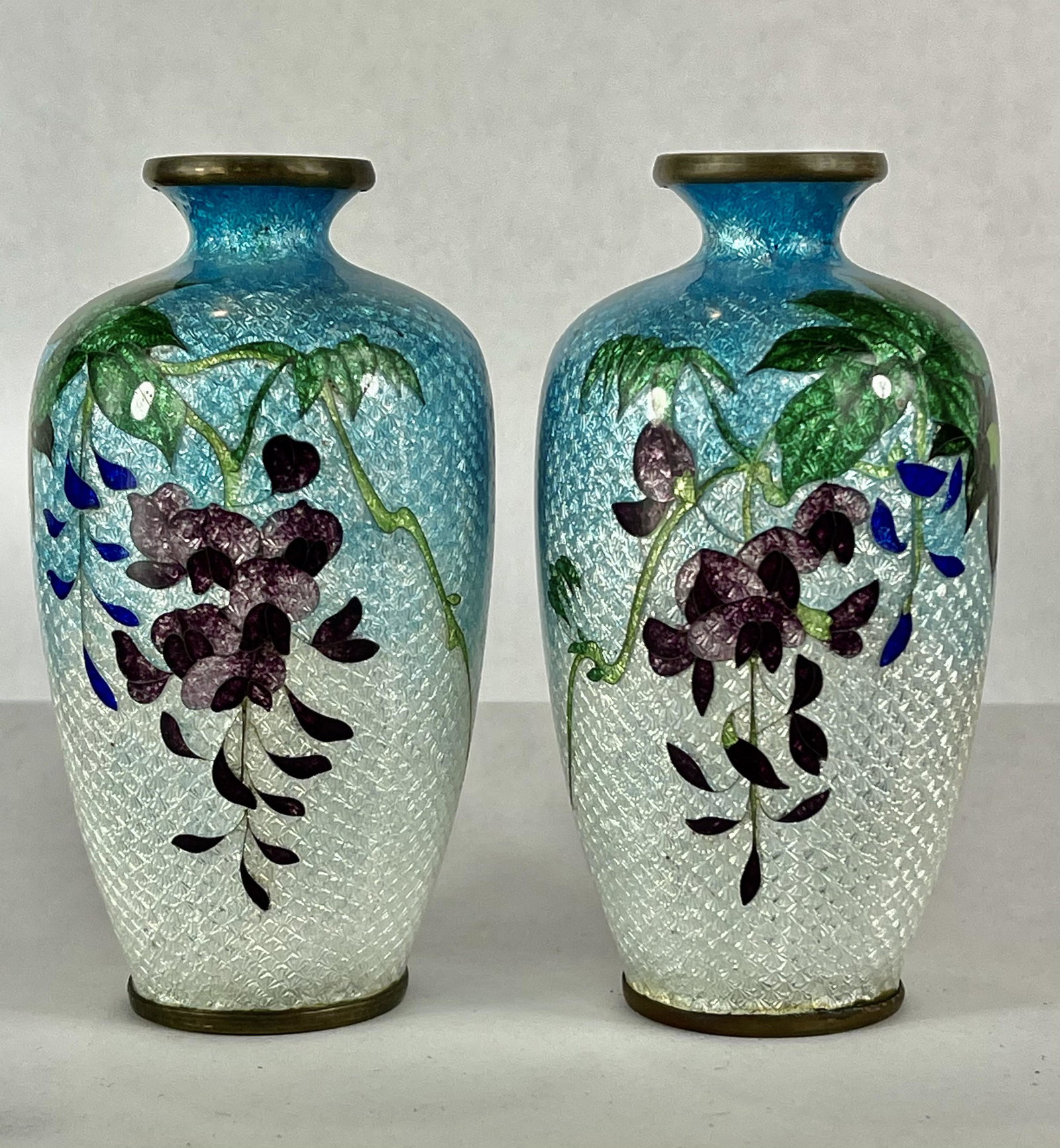 Antique Meiji Period Ca 1890 Japanese Ginbari Vase: Antique Meiji period circa 1890 Japanese Ginbari foil Cloisonné vases on bronze shells. Excellent condition, measure 4” Tall.