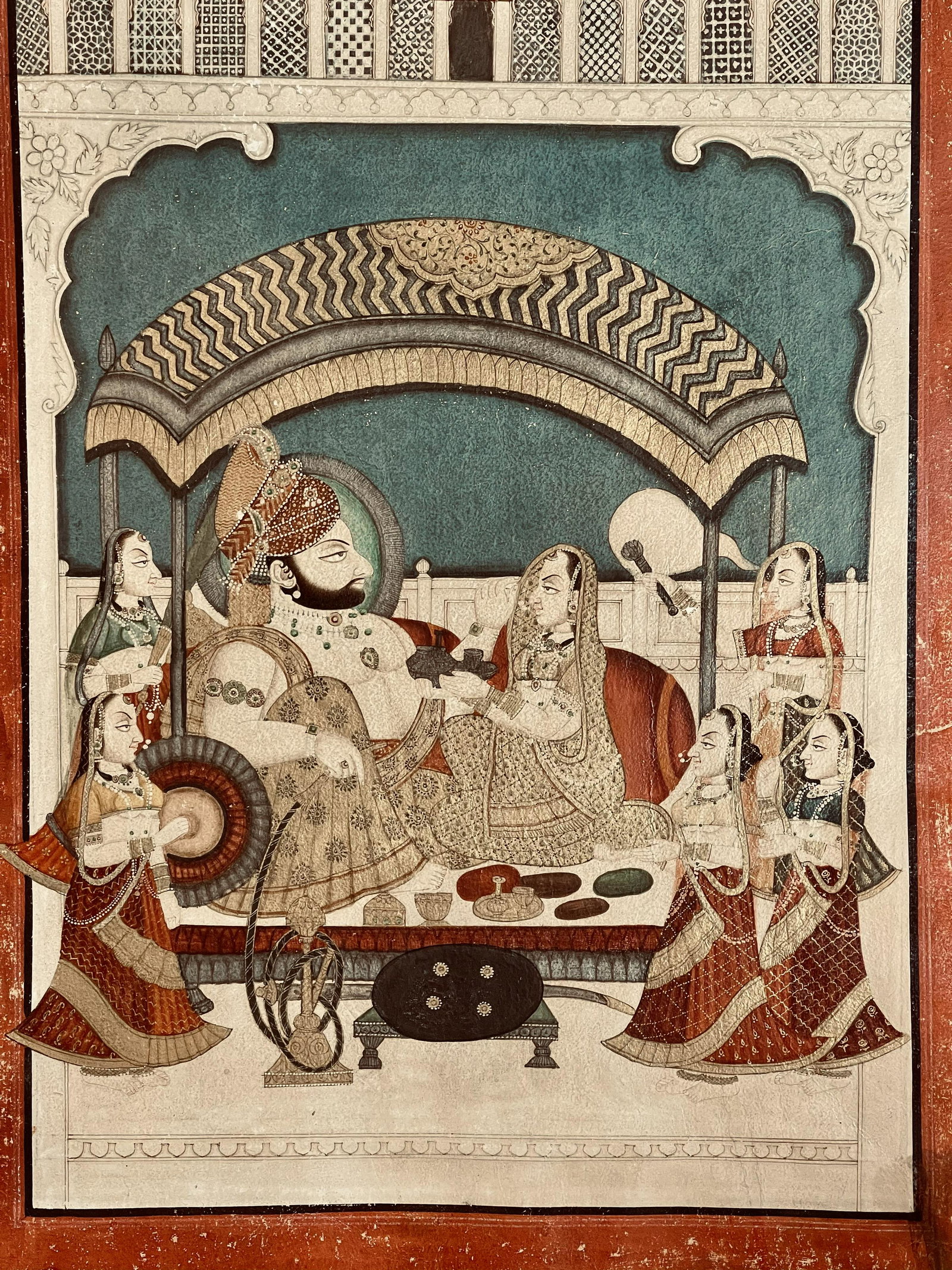 Very Important Indian Deccani 18th C School Painting: Very important Indian Deccani 18th century school painting (the Islamic Hyderabad court of Golconda, Bijapur and Ahmadnagar) depicting a prince and multiple consorts / ladies. Rajasthan, Kishangarh ci