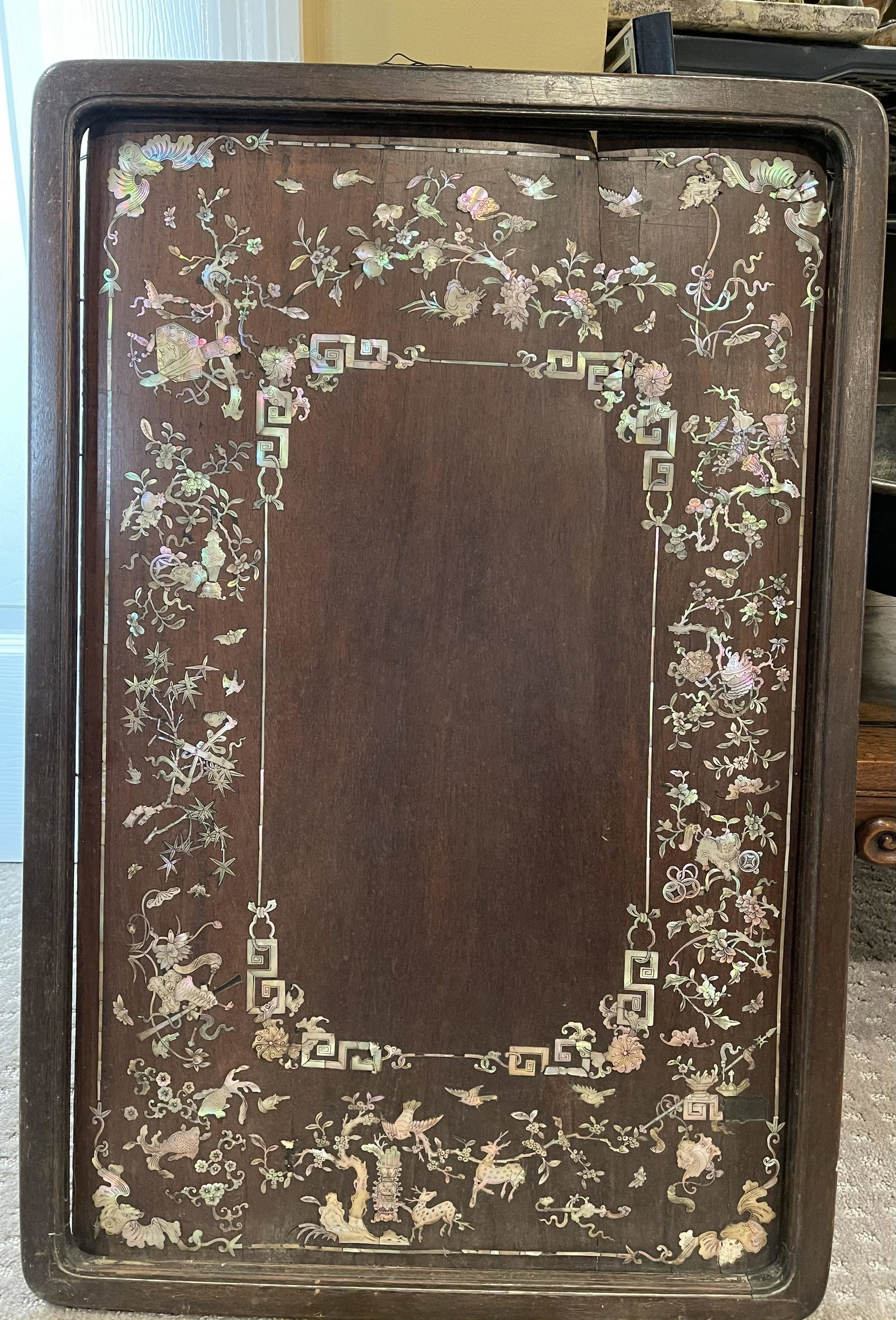 Antique Chinese Inlaid Mother Of Pearl And Rosewood Pan: Antique Chinese Inlaid Mother Of Pearl And Rosewood Panel. Measure 26” x 18”.