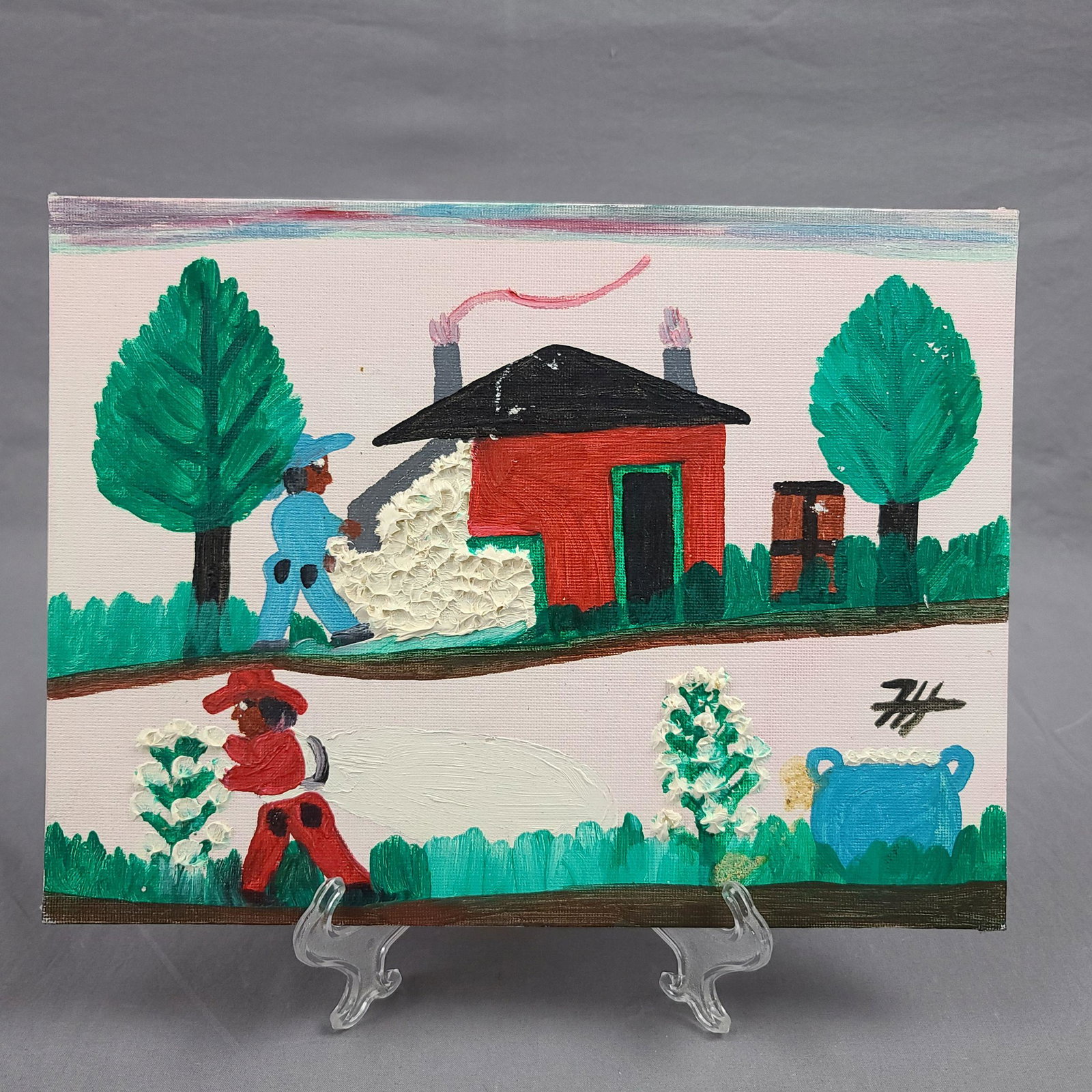 Frank Hunter (American/Louisiana ) Folk Art Painting: Frank Hunter (American/Louisiana ) Folk Art Painting Grandson Of Well Known Clementine Hunter (American/Louisiana, 1886-1988). Measure 9" x 12"
