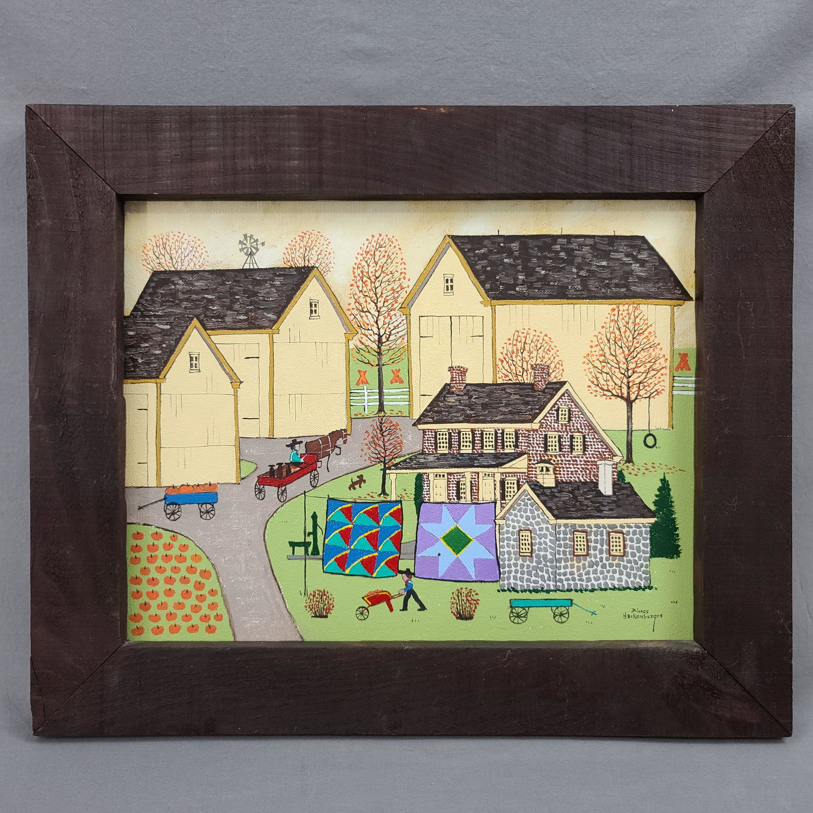 Delores Hackenberger 1930-2020 Folk Art Painting: Delores Hackenberger 1930-2020 Lancaster PA Folk Art Painting "Autumn Amish Homestead". Frame measure 14.5" x 17.5", Sight 11" x 14"
