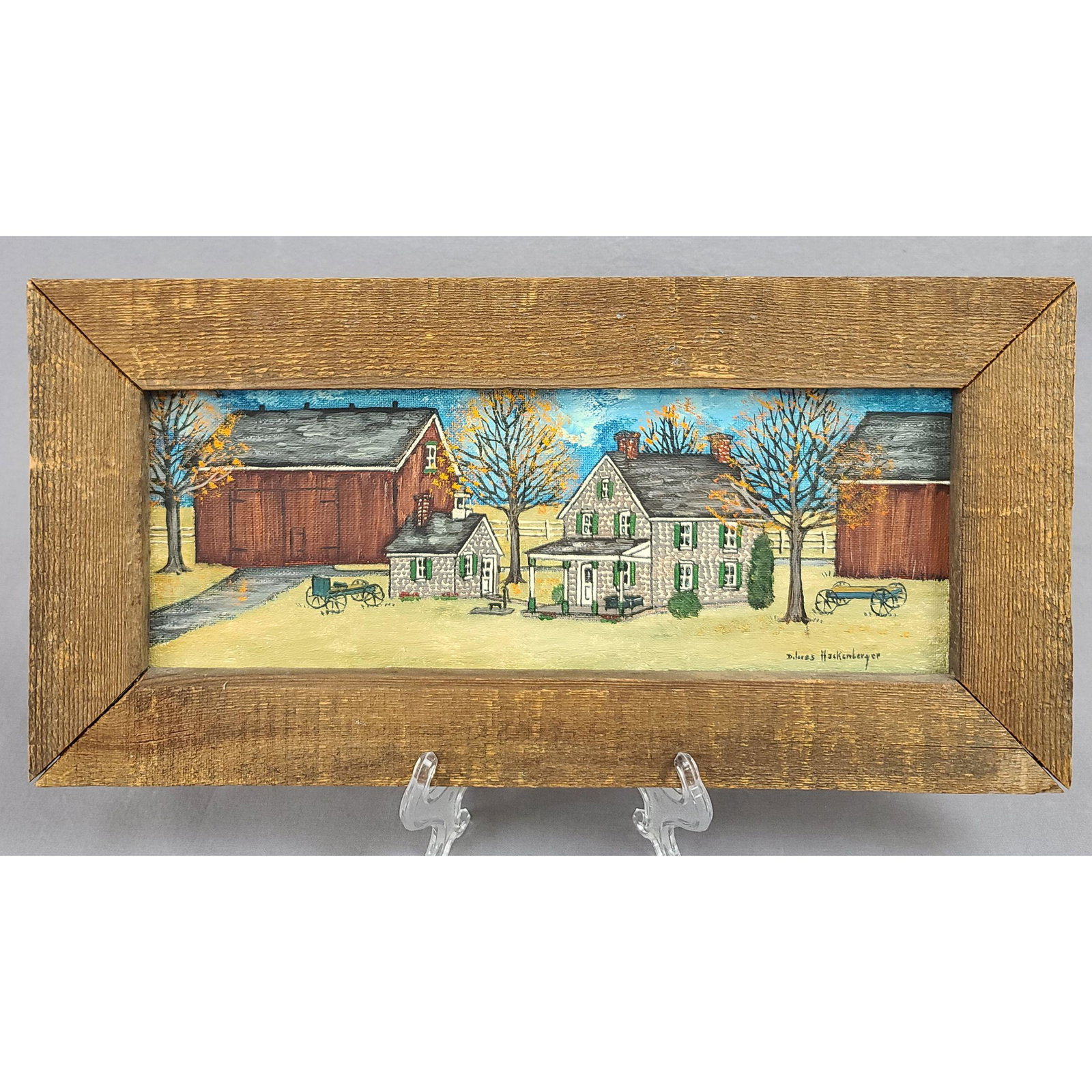 Delores Hackenberger 1930-2020 Folk Art Painting: Delores Hackenberger 1930-2020 Lancaster County PA Folk Art Painting, "Amish Farm Stand Autumn". Frame measure 7 1/4" x 15", Sight 4.5" x 12"