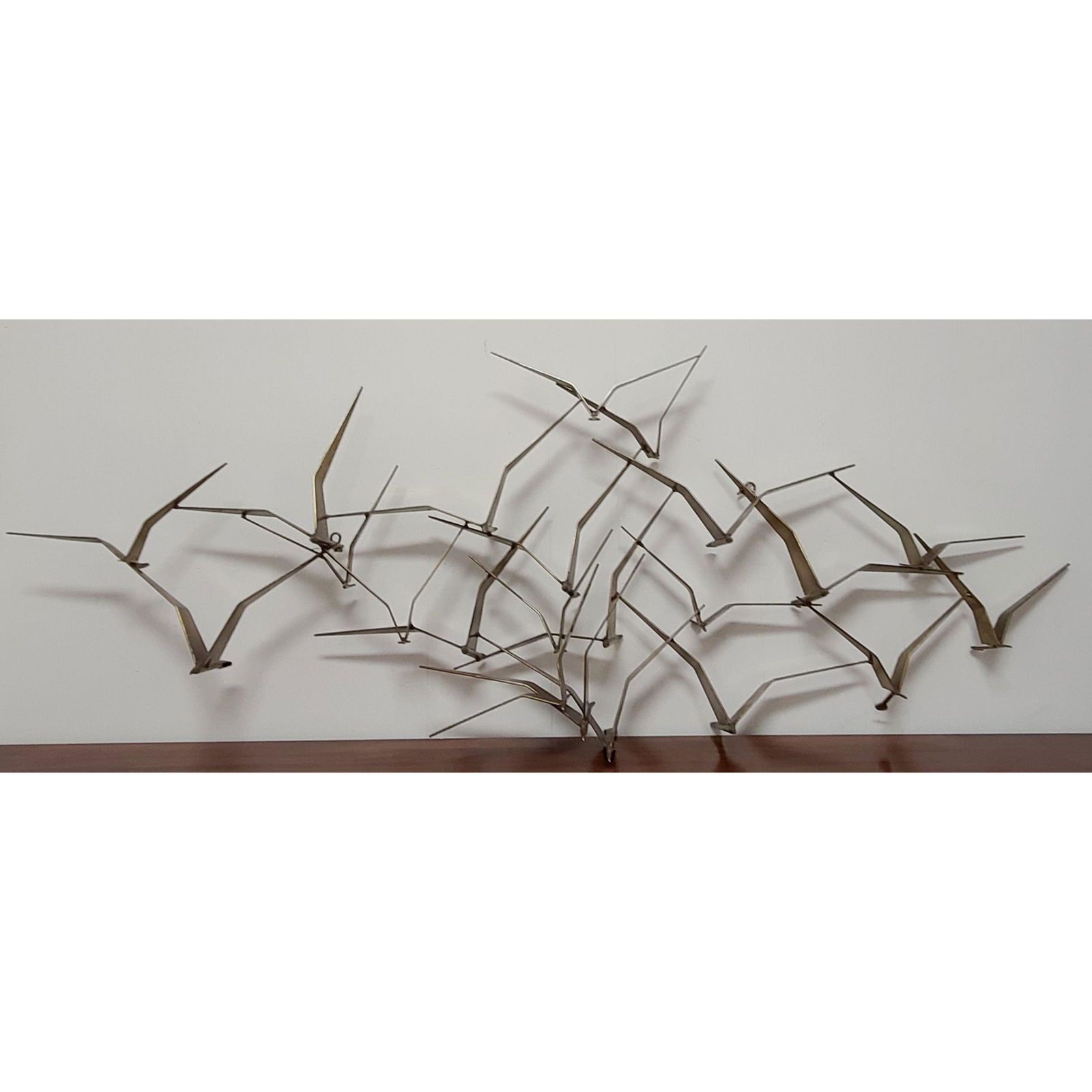 Signed 1968 Curtis Jere American 1910-2008 Birds in Fli: Signed 1968 Curtis Jere (American 1910-2008), 'Birds in Flight' wall Mid Century Modern Sculpture mount sculpture. Measure 22 1/4" x 59"