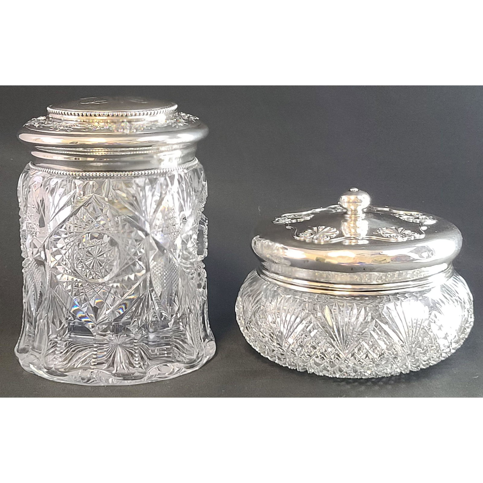 ABP Cut Glass Jars W/ Sterling Silver Tops Hoar MONARCH: ABP Cut Glass Jars with sterling silver tops : First in Hoare's "Monarch" pattern, Gorham silver top; Second in Strawberry Diamond and Fan, top marked Sterling. Measure 6 3/4" x 5" And 4.5" x 6"