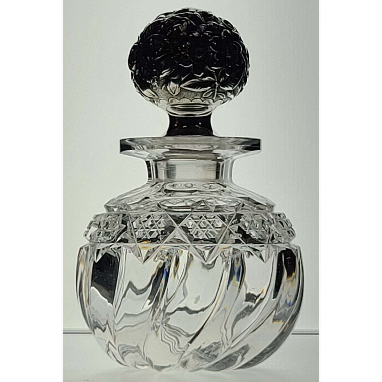 ABP Cut Glass Cologne Bottle In RARE "Richelieu" Patter: ABP Cut Glass Cologne bottle in the rare "Richelieu" Pattern by J. Hoare Co., Repousse sterling silver stopper. Measure 5.5" Tall" Tall