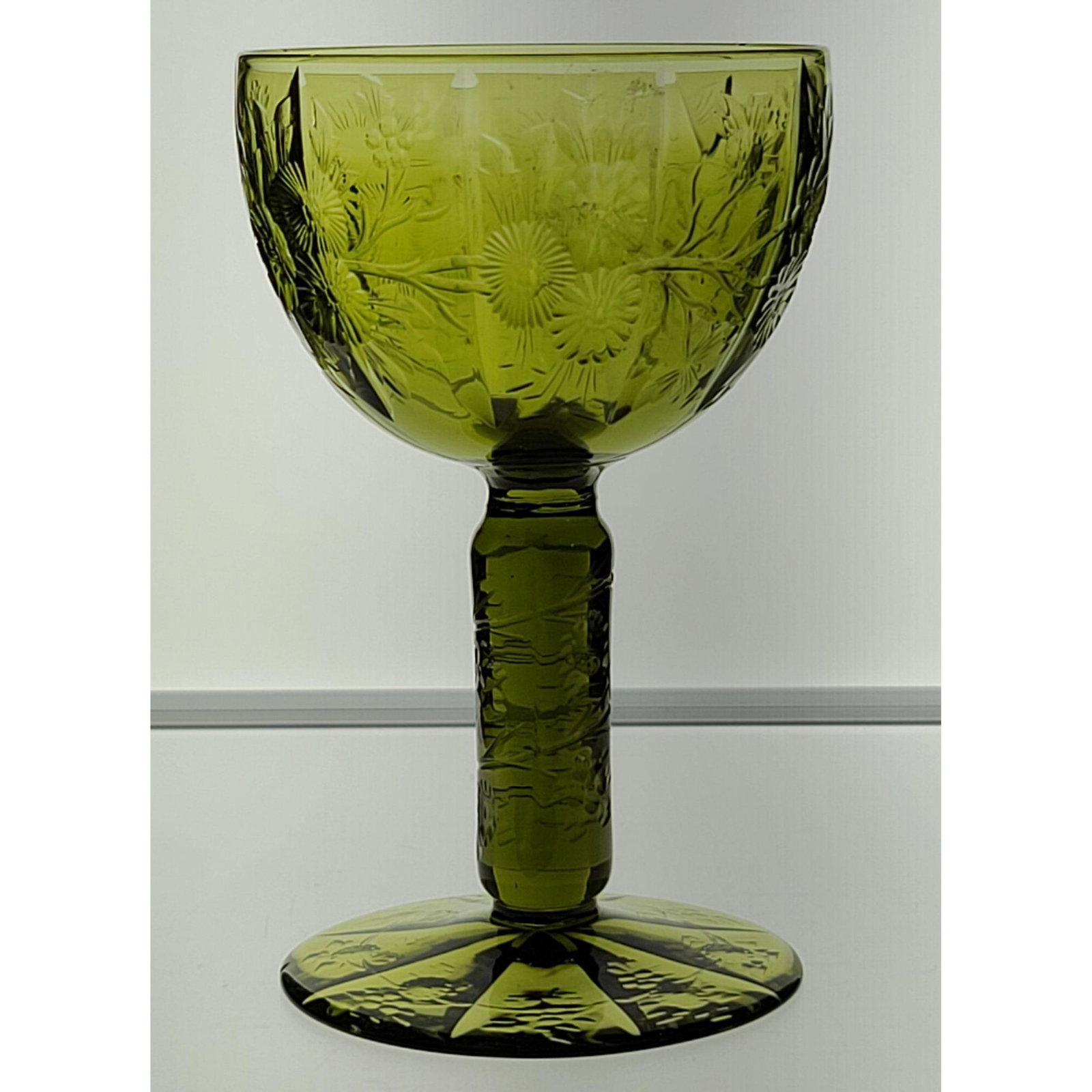 ABP Cut Glass Wine Stem, Olive Green Glass Barrel Stem: ABP Cut Glass Wine Stem, Olive Green glass with barrel stem, J Hoare rock crystal cutting. Measure 4 5/8" Tall