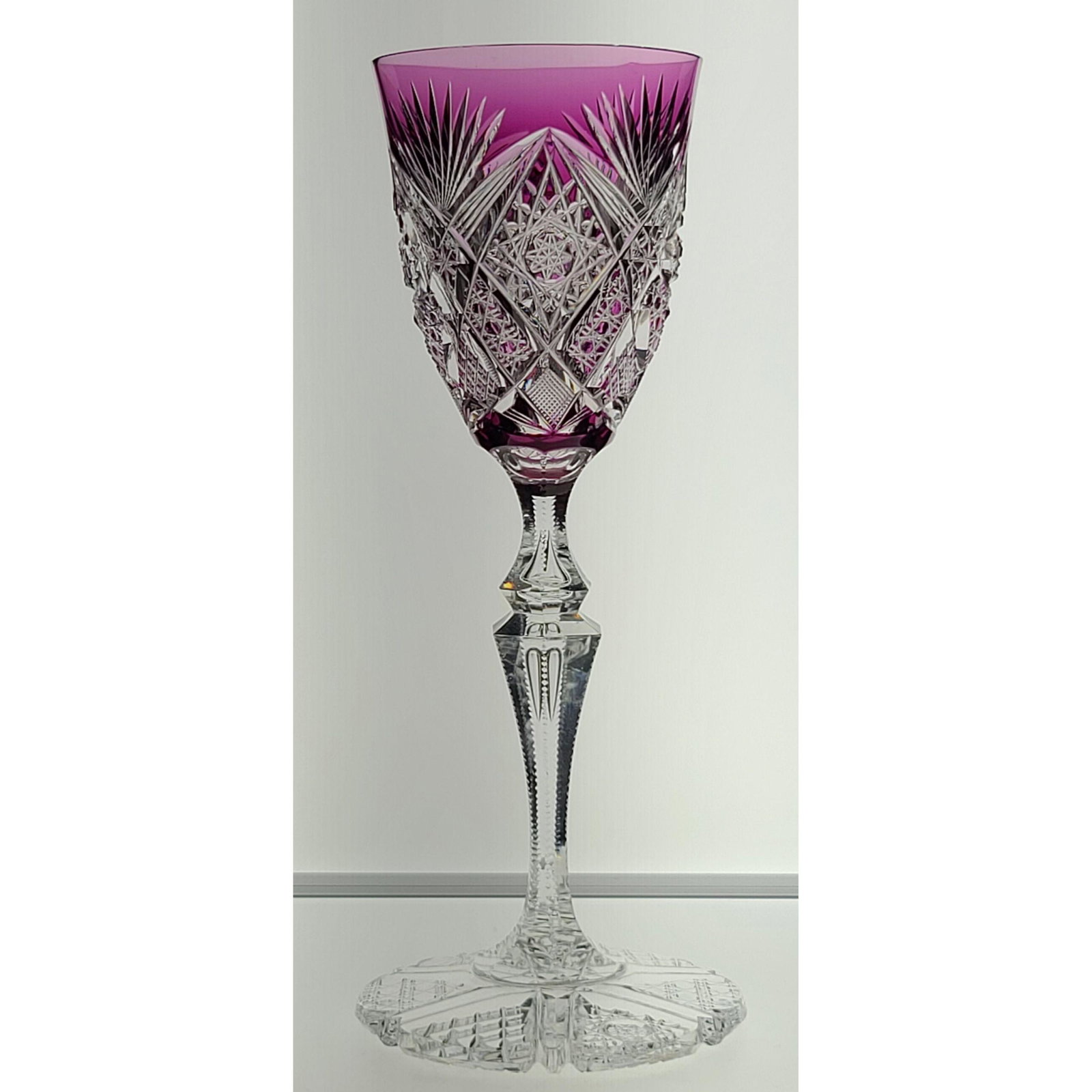 ABP Cut Glass Tall Wine stem, Amethyst Color Cut To Cle: ABP Cut Glass Tall Wine Stem, Amethyst cut to clear, very ornate cut stem and bottom, could be Val St Lambert or Baccarat. Measure 8" Tall