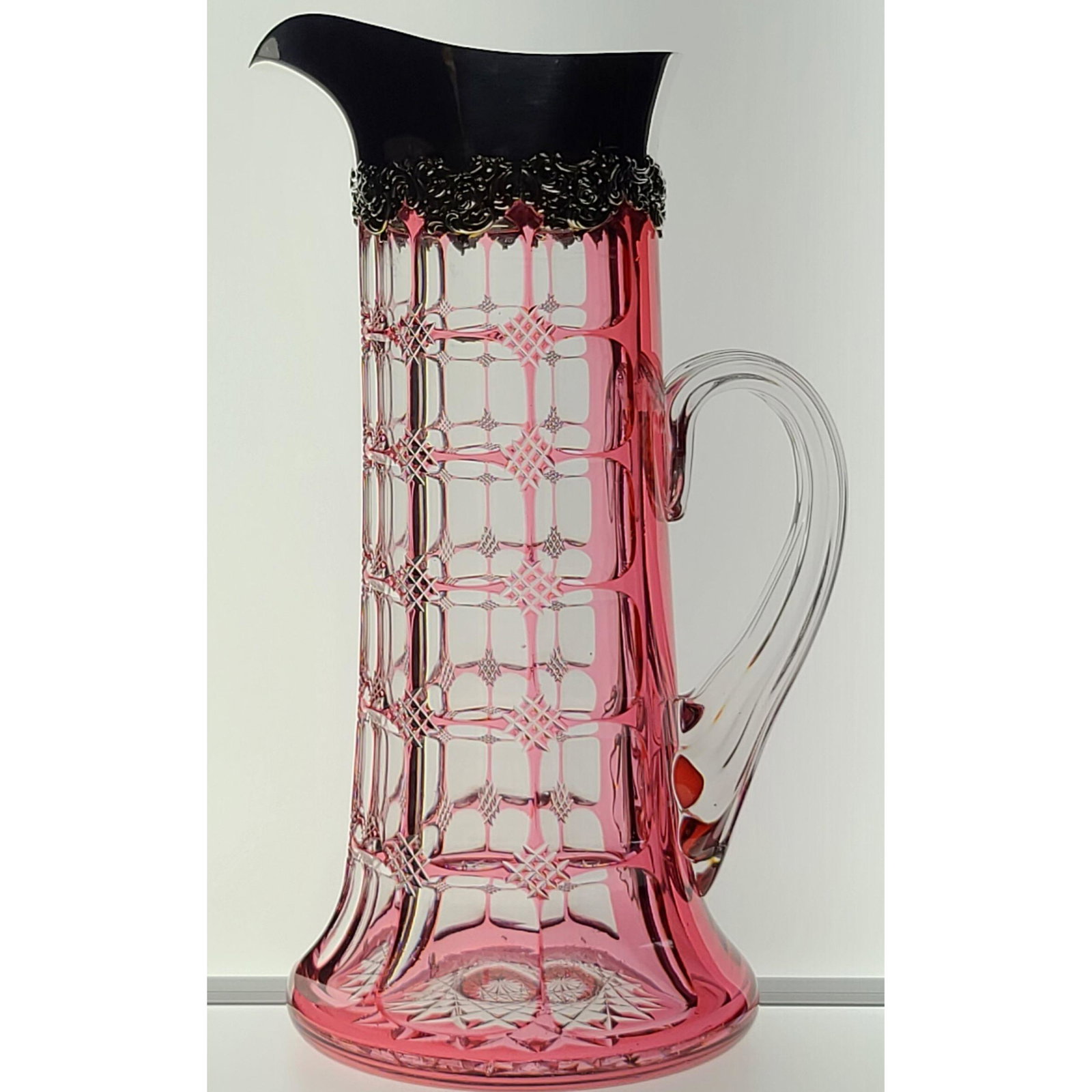 ABP Cut Glass Pitcher, Pairpoint "Savoy" Pattern: ABP Cut Glass Pitcher, Pairpoint "Savoy" pattern, cranberry cut to clear with marked Gorham silver top. Measure 10 1/4" Tall