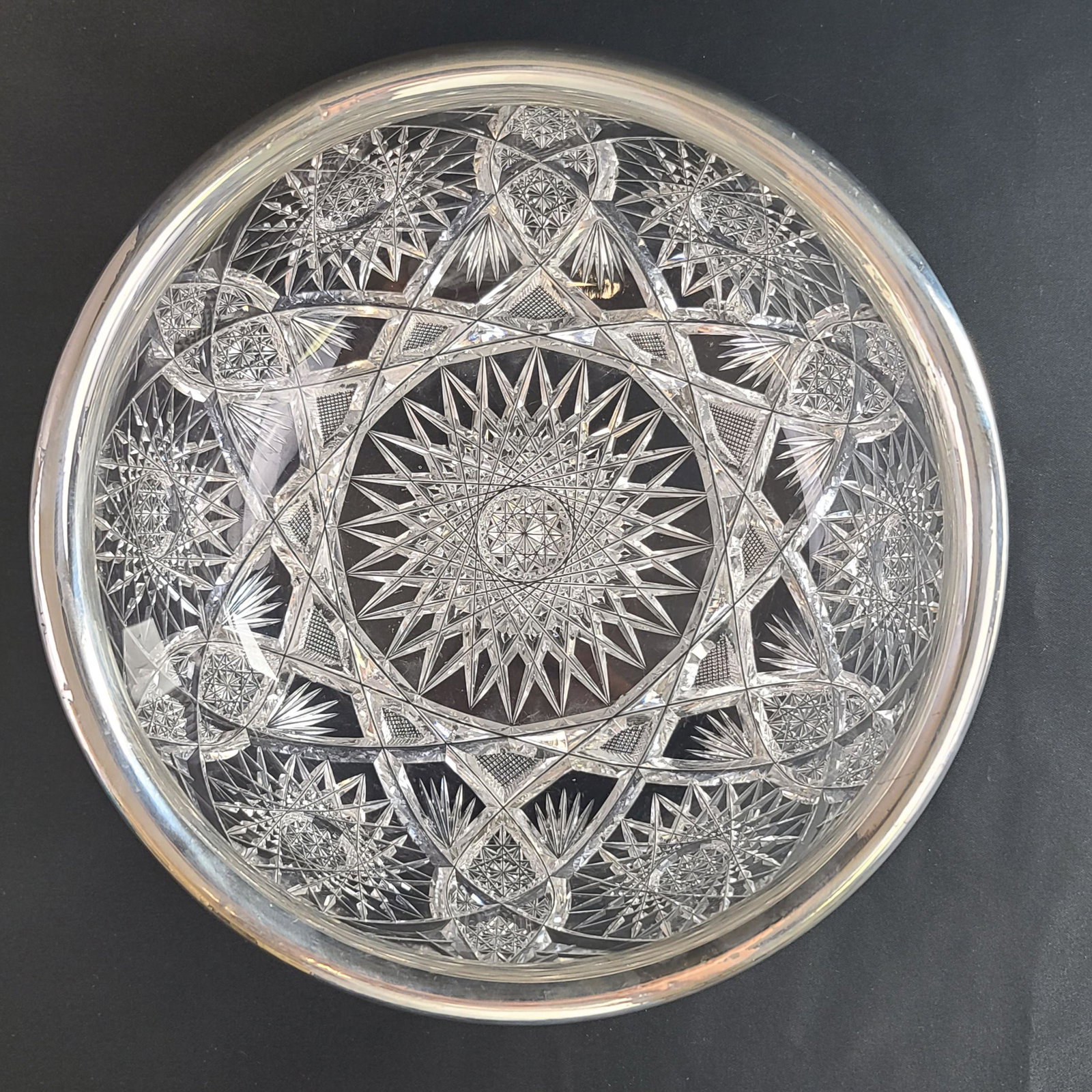 ABP Cut Glass Bowl Attributed To Unger Bros w/ Silver: (96-104) ABP Gorham Sterling Silver Rim Bowl 1895 Date Mark, Measures 9 1/4" x 3 3/4", has some damage please see pics, Attributed to Unger Brothers, Gorham Mark 1580 d, CA 1895,