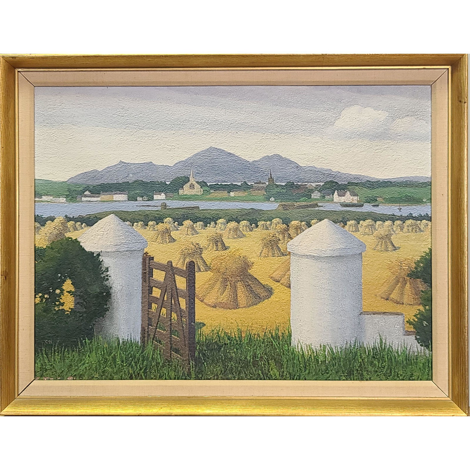 WPA Style Haystacks Landscape Painting Signed C.H: WPA Style Haystacks Landscape Painting Signed C.H. Measure 19 1/4" x 14 1/4"