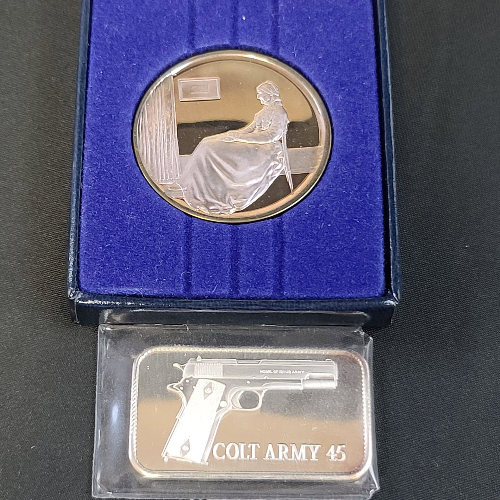 Colt Army 45 Silver Bar & 1972 Whistler's Mother Day: Colt Army 45 Silver Bar & 1972 Whistler's Mother Day Medal By James McNeil Whistler 834-1903 By Hamilton Mint.