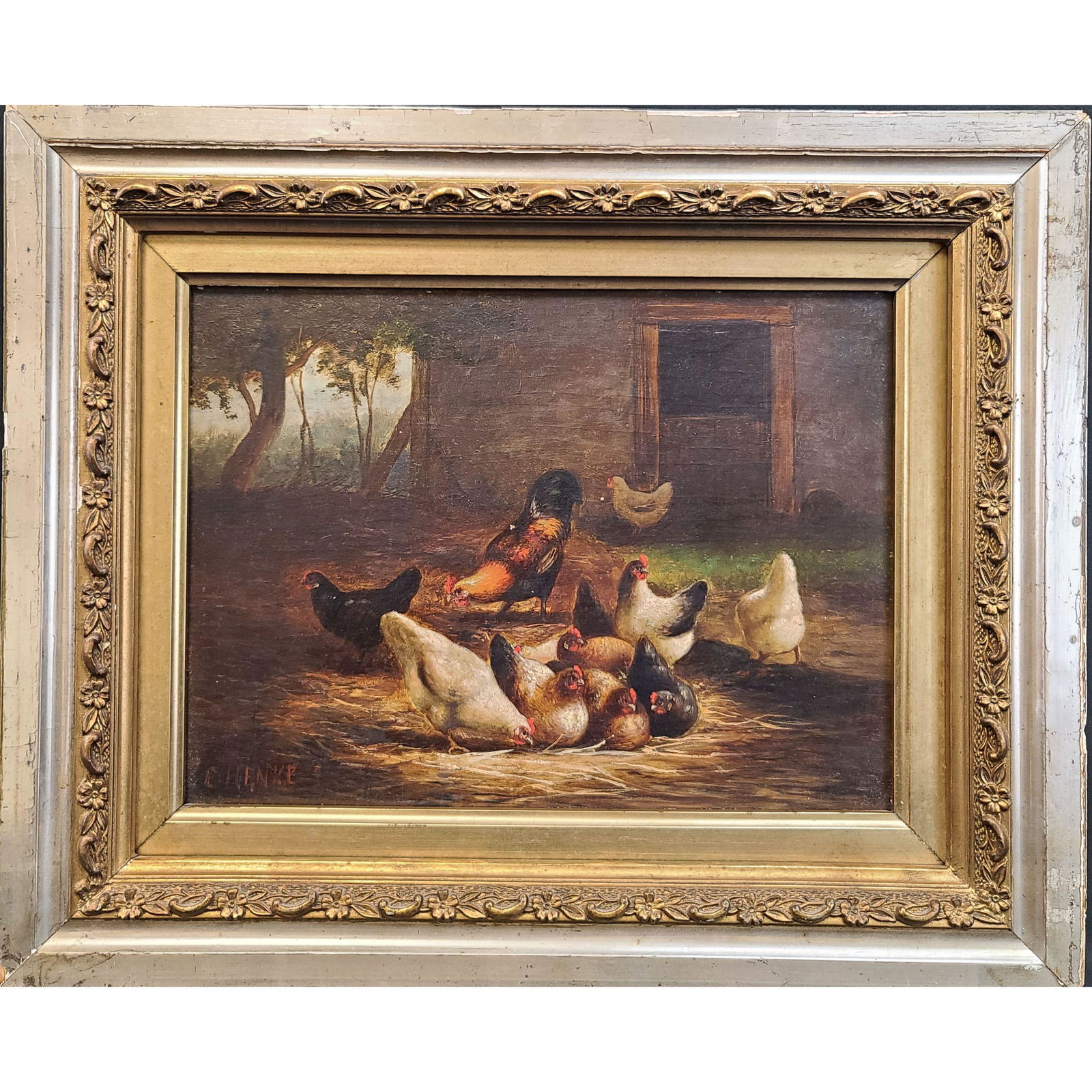 Antique Oil On Panel Painting Barnyard Chickens 19th C (1 of 13)