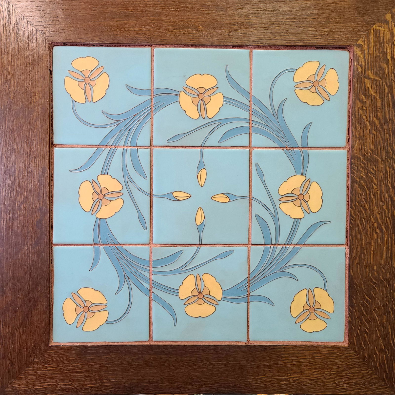 RARE Set Of Van Briggle Floral Tiles  In Oak Frame (1 of 7)