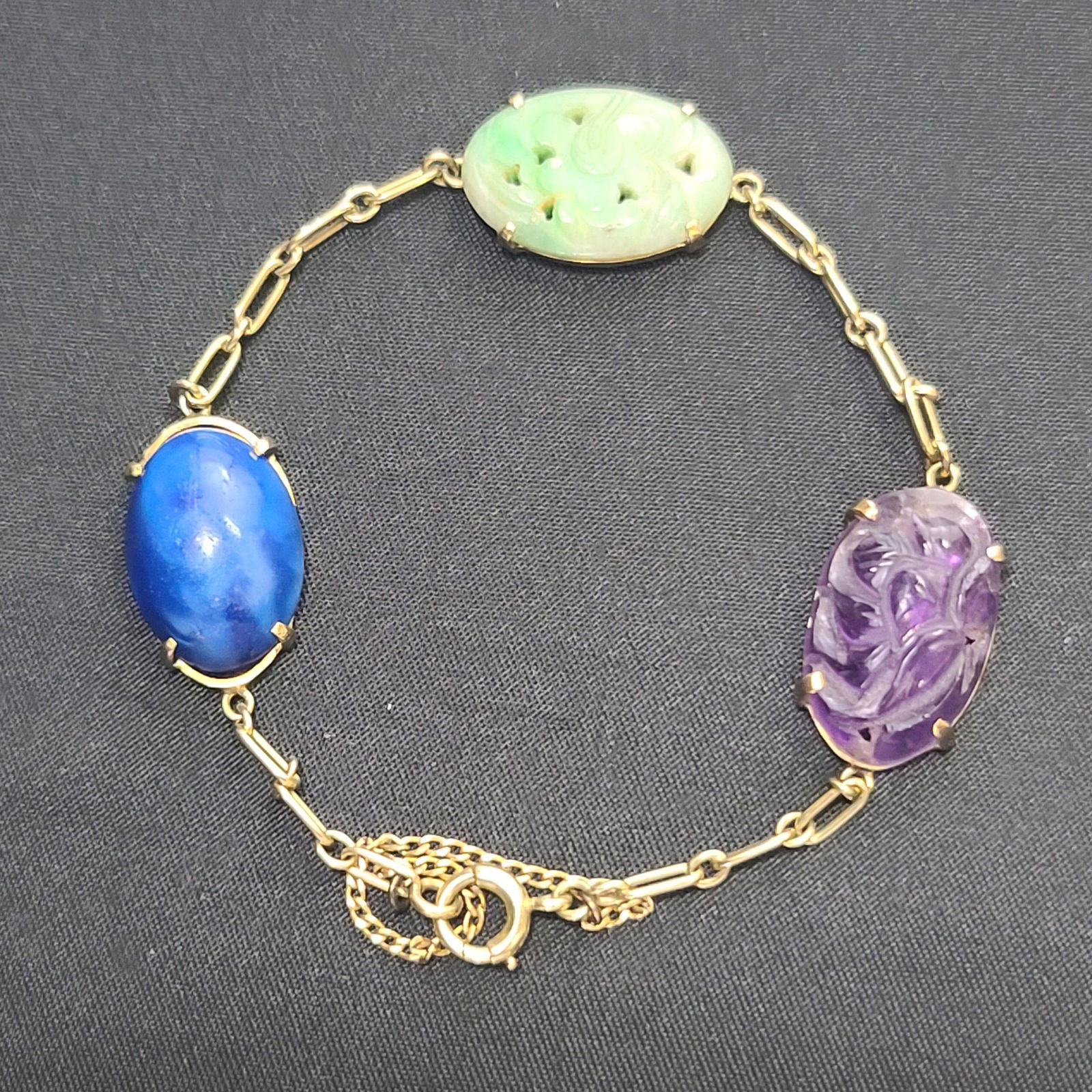14k Gold  Chinese Bracelet W/ Jade Amethyst Lapis (1 of 10)