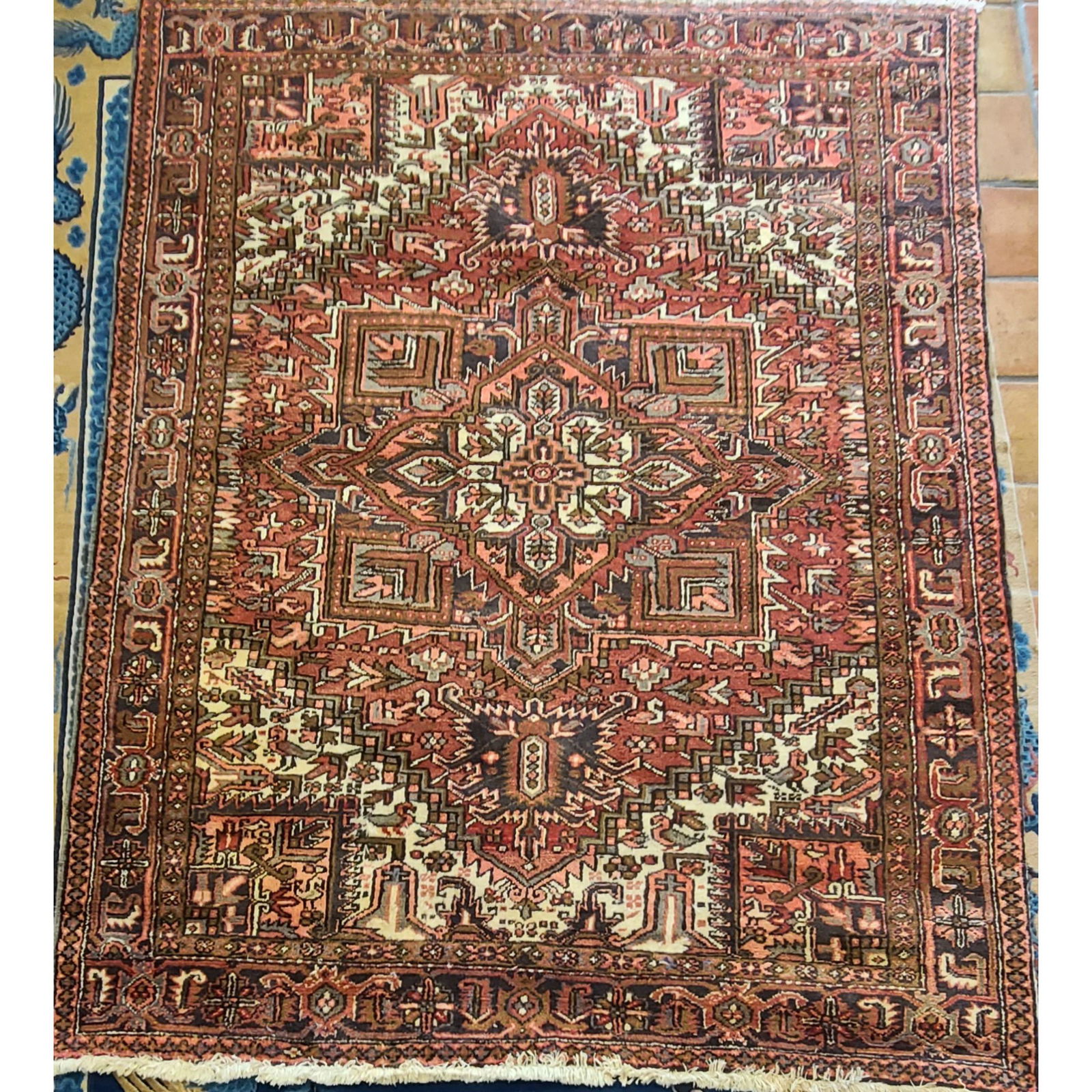Antique Persian Heriz Rug: Antique Persian Heriz Rug, measure 92.5" x 121". Some Staining Present, see pics.