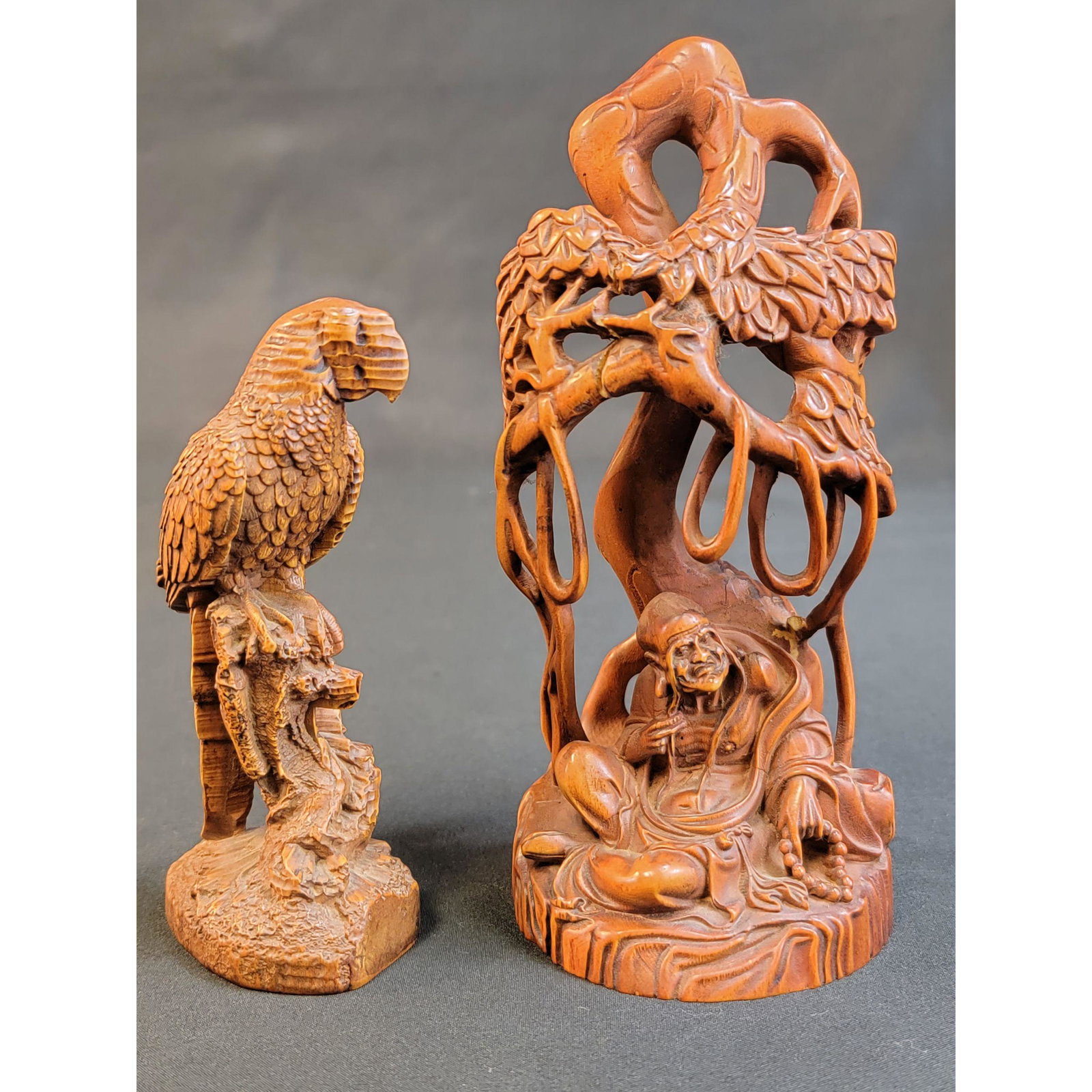 Chinese Boxwood Buddha Sculpture & Burlwood Bird: Chinese Boxwood Buddha Sculpture & Burlwood Bird. Measures 6.5" And 4.5". Small Split And Chip Present see pics.
