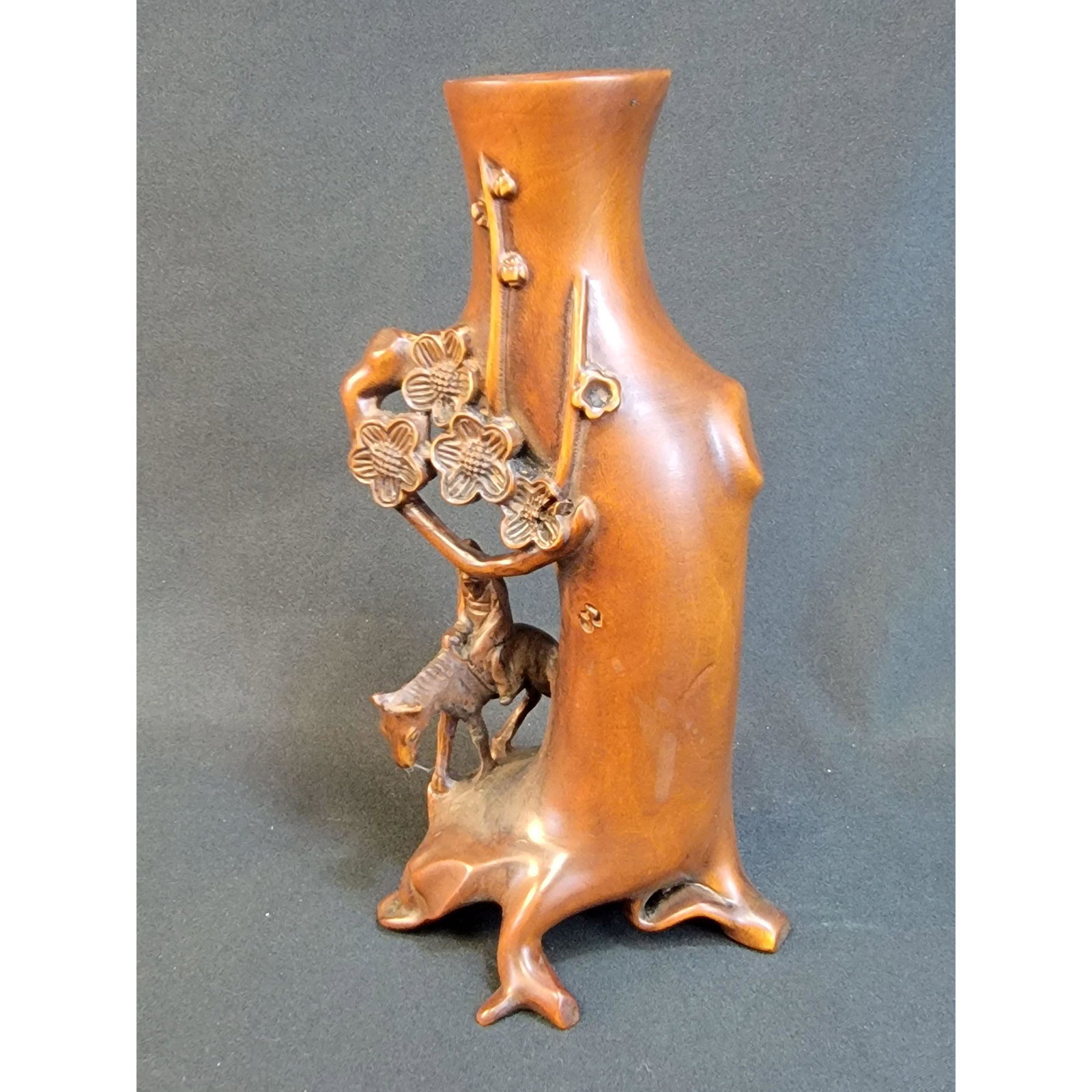 Chinese Boxwood Sculpture Vase With man On Horse: Chinese Boxwood Sculpture Vase With man On Horse. Measures 6" Tall