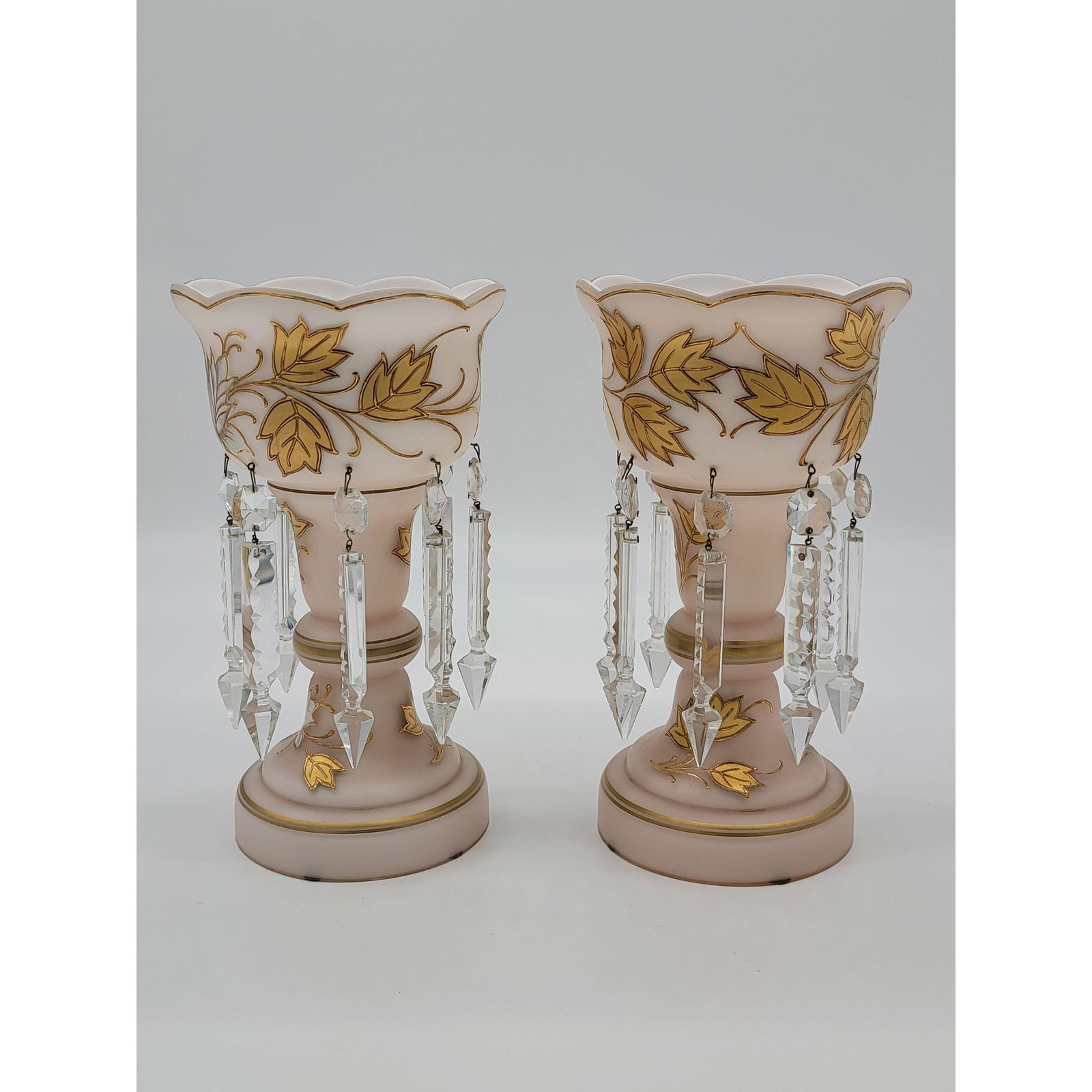 Pair Of Antique Pink Cased Satin Glass Lusters (1 of 10)