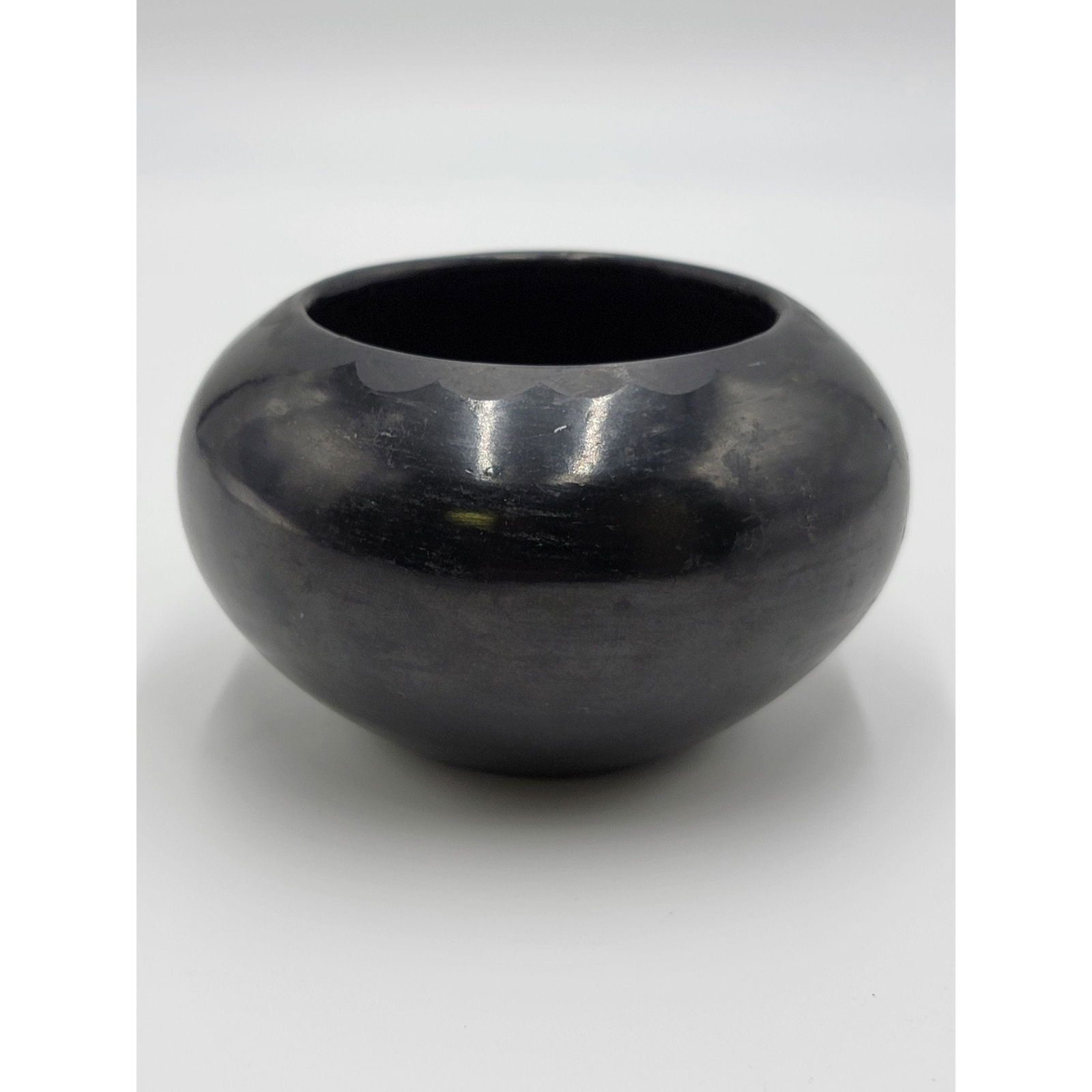 San Ildefonso Blackware Pottery Bowl Signed ANNA: San Ildefonso Blackware Pottery Bowl Signed ANNA. Measure 3 1/8" x 5"