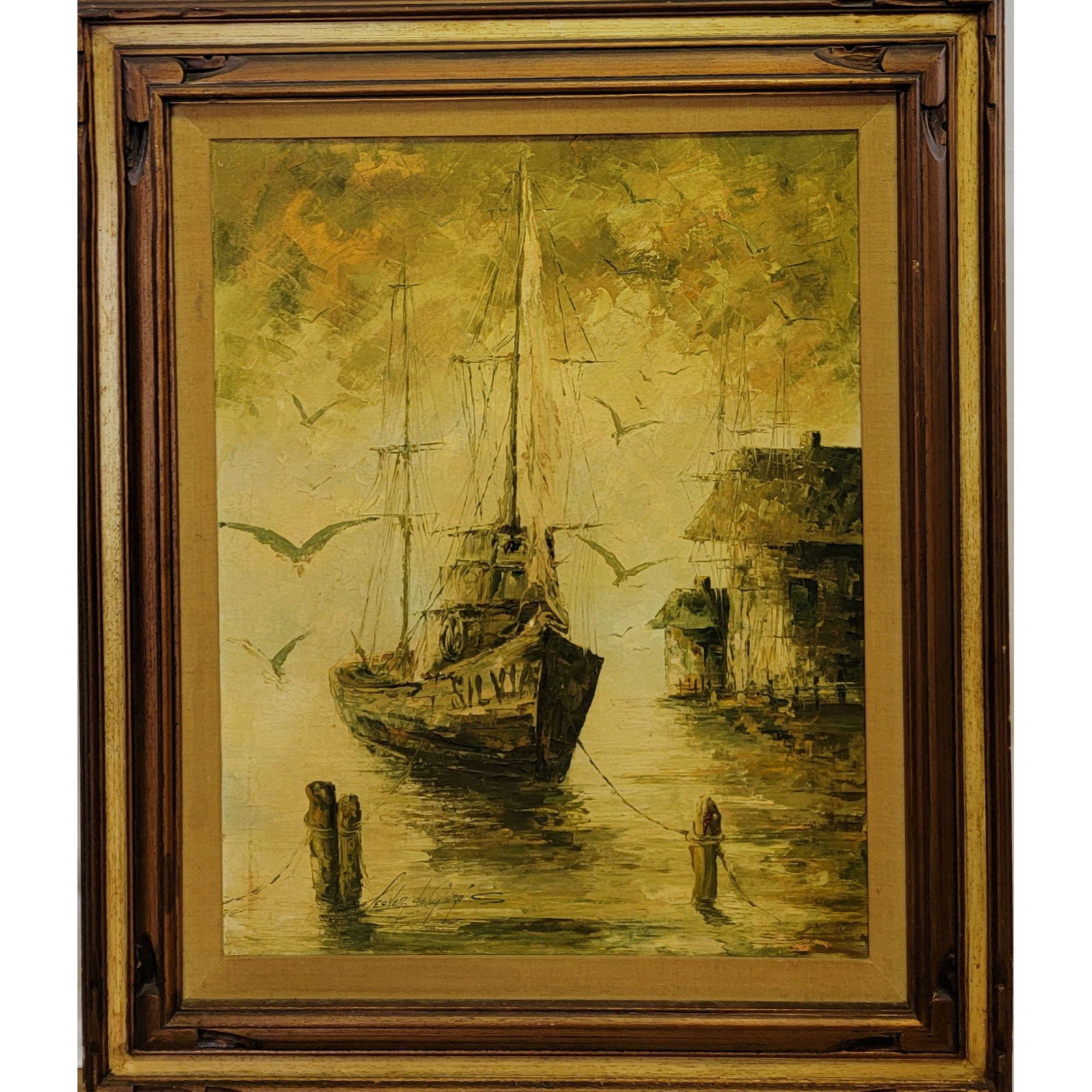 LESVER DE QUIROS CUBA,1928-1997 Fishing Boat "Silvia": LESVER DE QUIROS (CUBA, 1928-1997). Fishing Boat "Silvia". Frame Measures 37 x 31, Sight Measures 28 x 22.