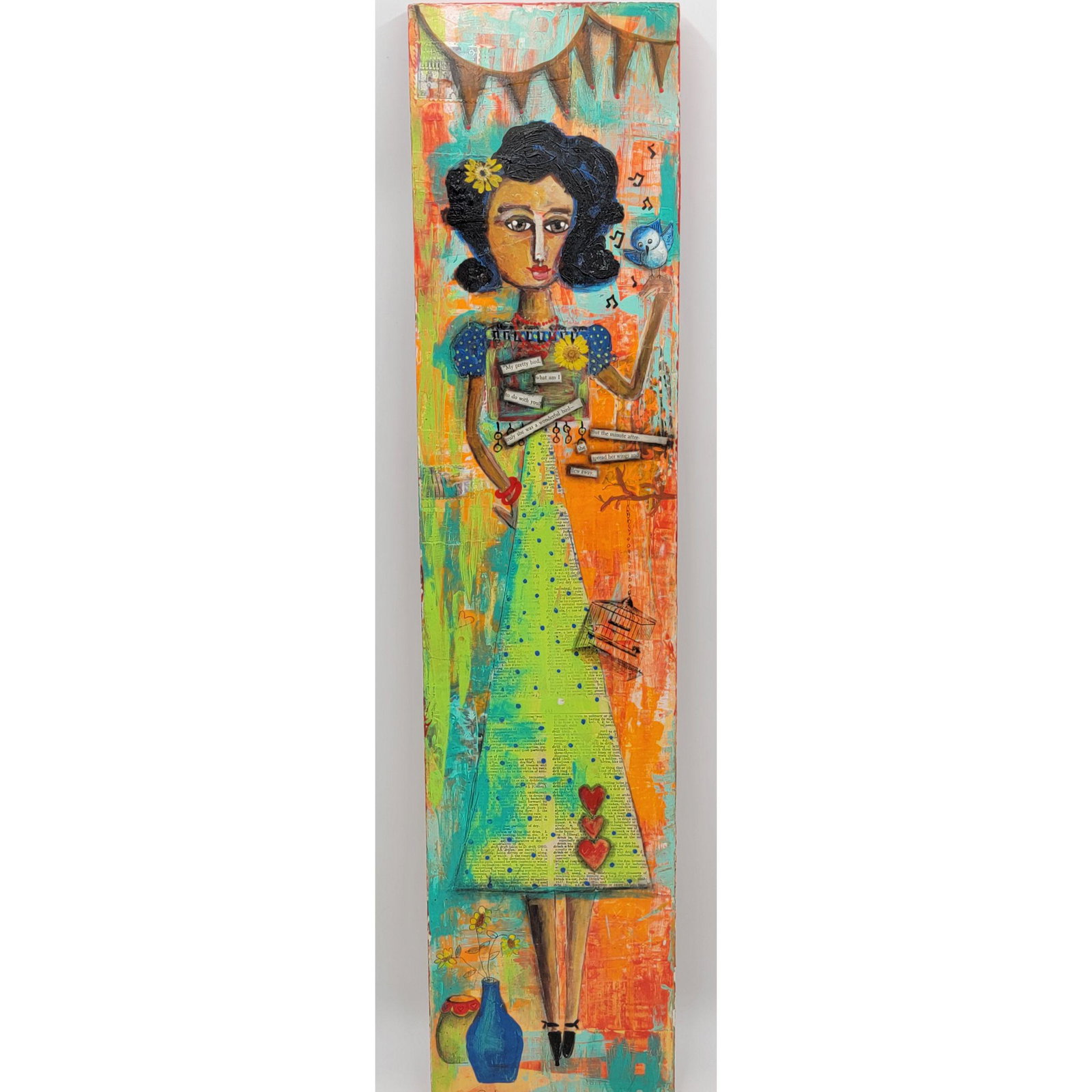 Collage On Wood Panel Signed Sue Bee 2013: Collage On Wood Panel Signed Sue Bee 2013. Measure 31 3/4" x 7 1/4"
