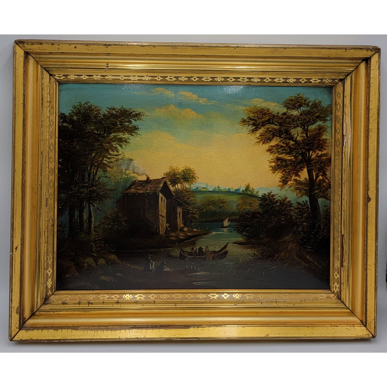 19th C O/B Landscape Painting Hudson Valley River Signe (1 of 13)