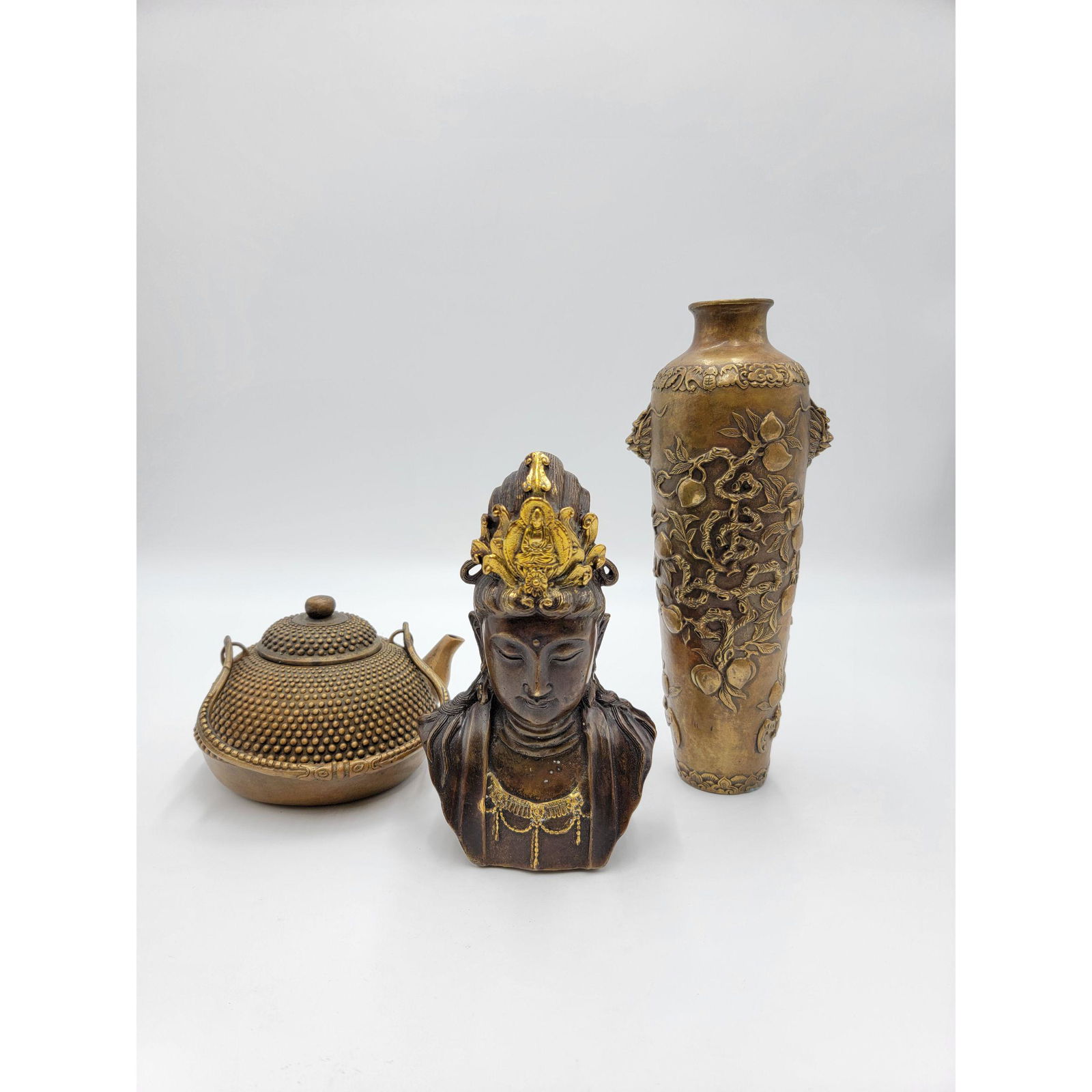 Grouping Of 3 Chinese Bronze Vase Teapot And Figure (1 of 16)
