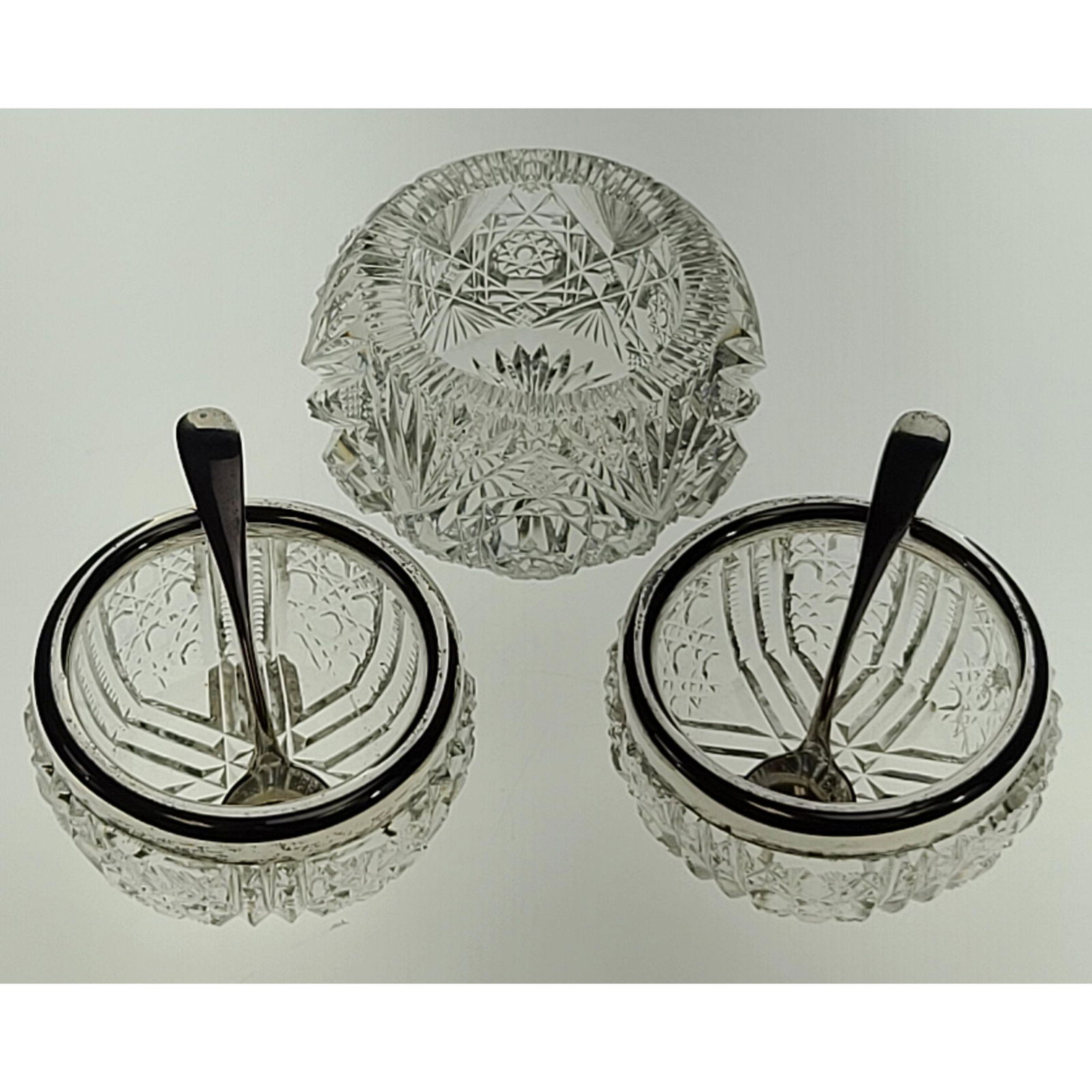 3 Cut Glass Salts - two with sterling Silver 1 MASTER (1 of 14)