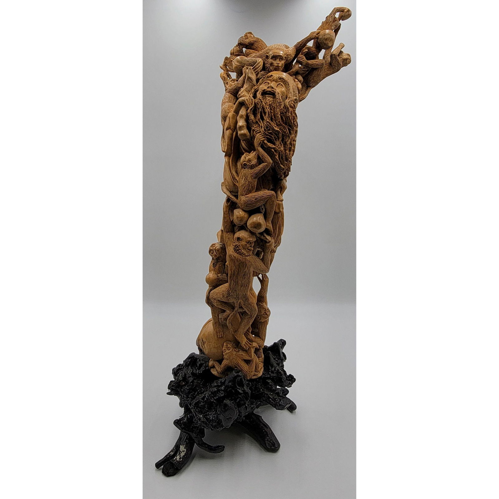 A Large Chinese Boxwood Sculpture Man , Monkeys & Peach (1 of 20)