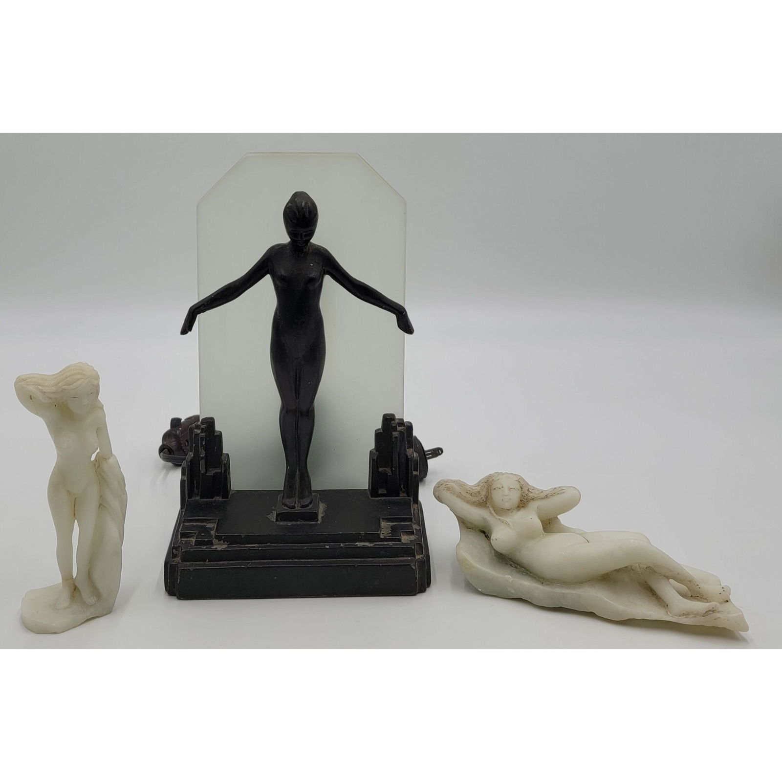 Frankart Art Deco Lamp Nude Lady +2 Marble Sculptures: Art Deco Lamp Nude Lady Plus Two Marble Sculptures. Lamp Measure 10.5" x 6 1/4" x 3.5", Sculptures are 6.5" & 7.5". Lamp Does Work.