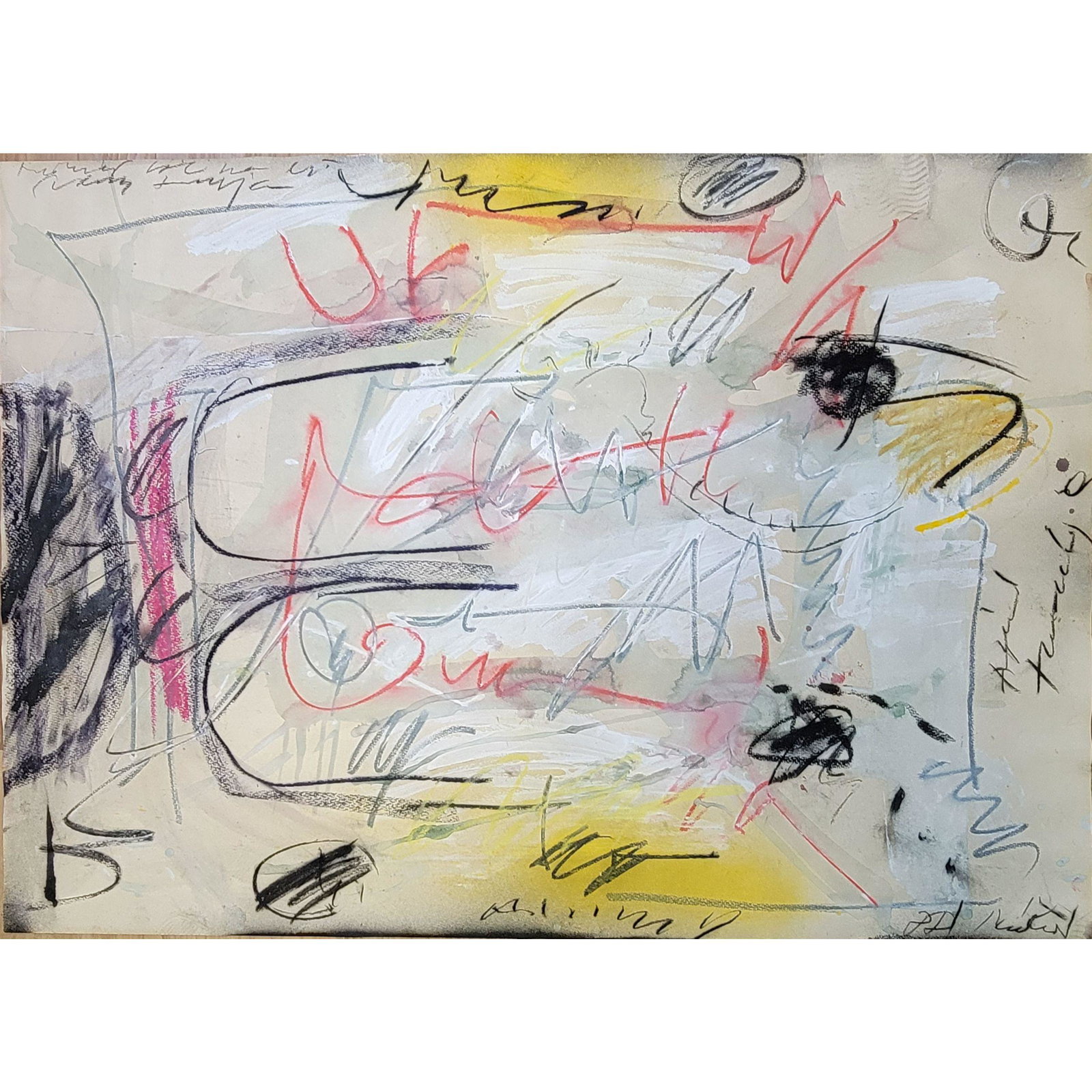 Mix Media Abstract Painting In Manner Of Cy Twombly: Abstract Watercolor Mix Media Painting Signed UNKNOWN ARTIST, Could Be A Sleeper. Measure 29" x 40". From DR Jim Cobb's Estate Florida And Greely Colorado, Division Chairperson For Communications And 