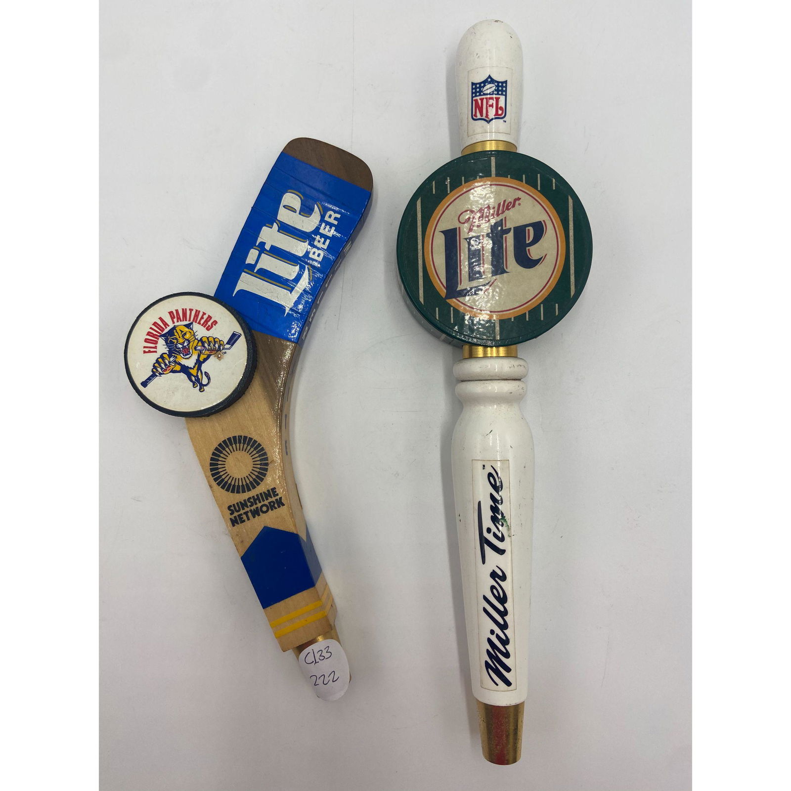 VINTAGE LOT OF 2 MILLER LITE SPORTS BEER TAPS: VINTAGE LOT OF 2 MILLER LITE SPORTS BEER TAPS, MEASURES 12" & 9 1/2"