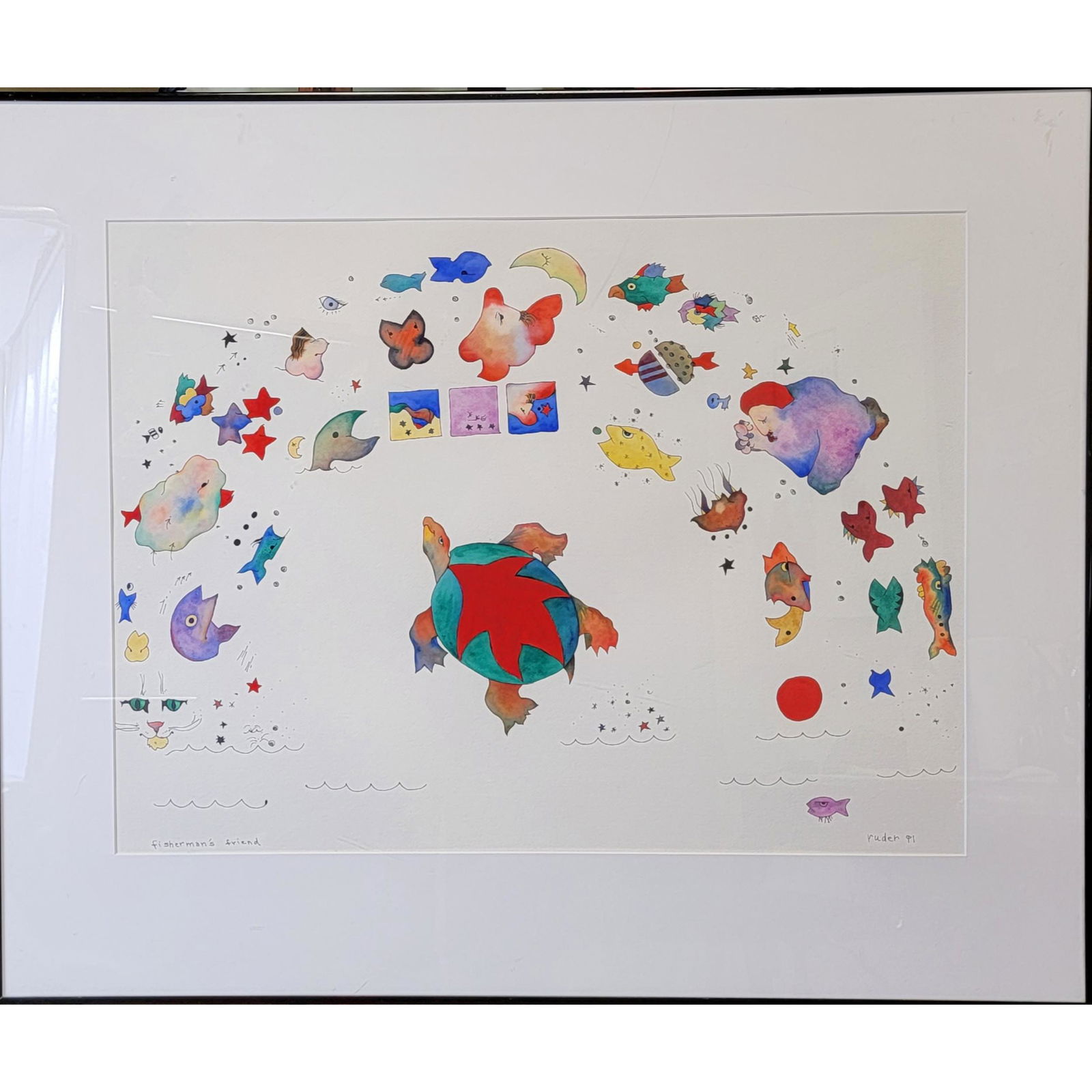 Samuel Lewis Ruder Watercolor OHIO FISHERMAN"S FRIEND: Samuel Lewis Ruder Watercolor OHIO FISHERMAN"S FRIEND. Frame measure 30.5" x 36.5". He was born in a river house in cin. Ohio 1949. See Last Pic For More Info About The Artist.