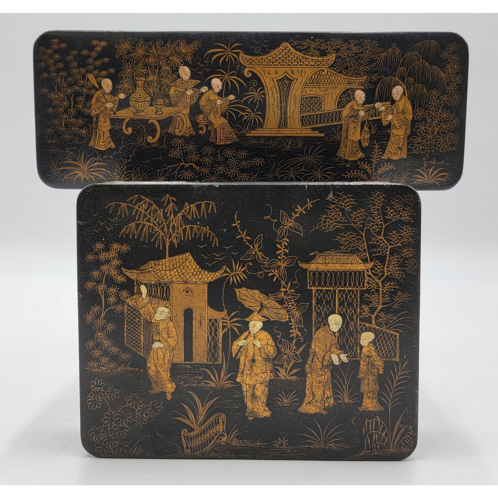 Lot Of 2 Chinese Lacquered Boxes 19th C "CHINOISERIE" (1 of 10)