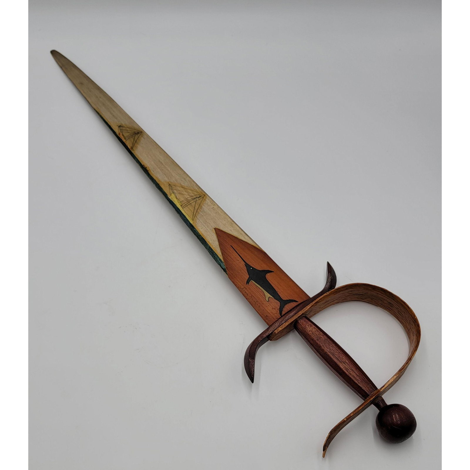 Hand Painted Inuit Bone & Wood Sword NOVA SCOTIA: Hand Painted Inuit Bone & Wood Sword NOVA SCOTIA Wall Decorator. Measure 32.5" Overall. Small Damage Seen In Pic.