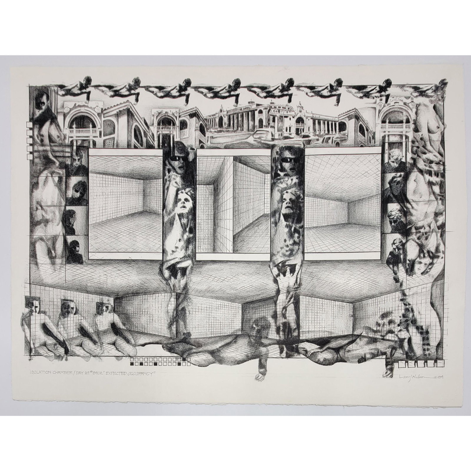 1984 Signed Larry Wilson Lithograph "ISOLATION CHAMBER": 1984 Signed Larry Wilson Lithograph "ISOLATION CHAMBER". Measure 22.5" x 30 1/4". From DR Jim Cobb's Estate Florida And Greely Colorado, Division Chairperson For Communications And Humanities At Kent 