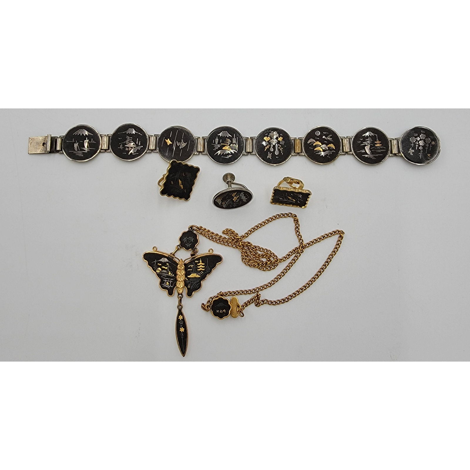 Vintage Japanese Damascene Necklace Cuff Link Bracelet: Vintage Japanese Damascene Necklace Cuff Links & Bracelet One Mark 24K.