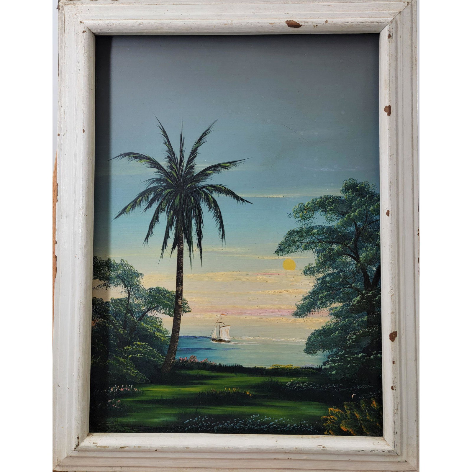 Florida Highwaymen ? Landscape Painting James Gibson?: Florida Highwaymen? Un-Signed Landscape Painting On Masonite Uniquely Framed. Frame Measure 22.5" x 17", Sight 18.5" x 13.5"