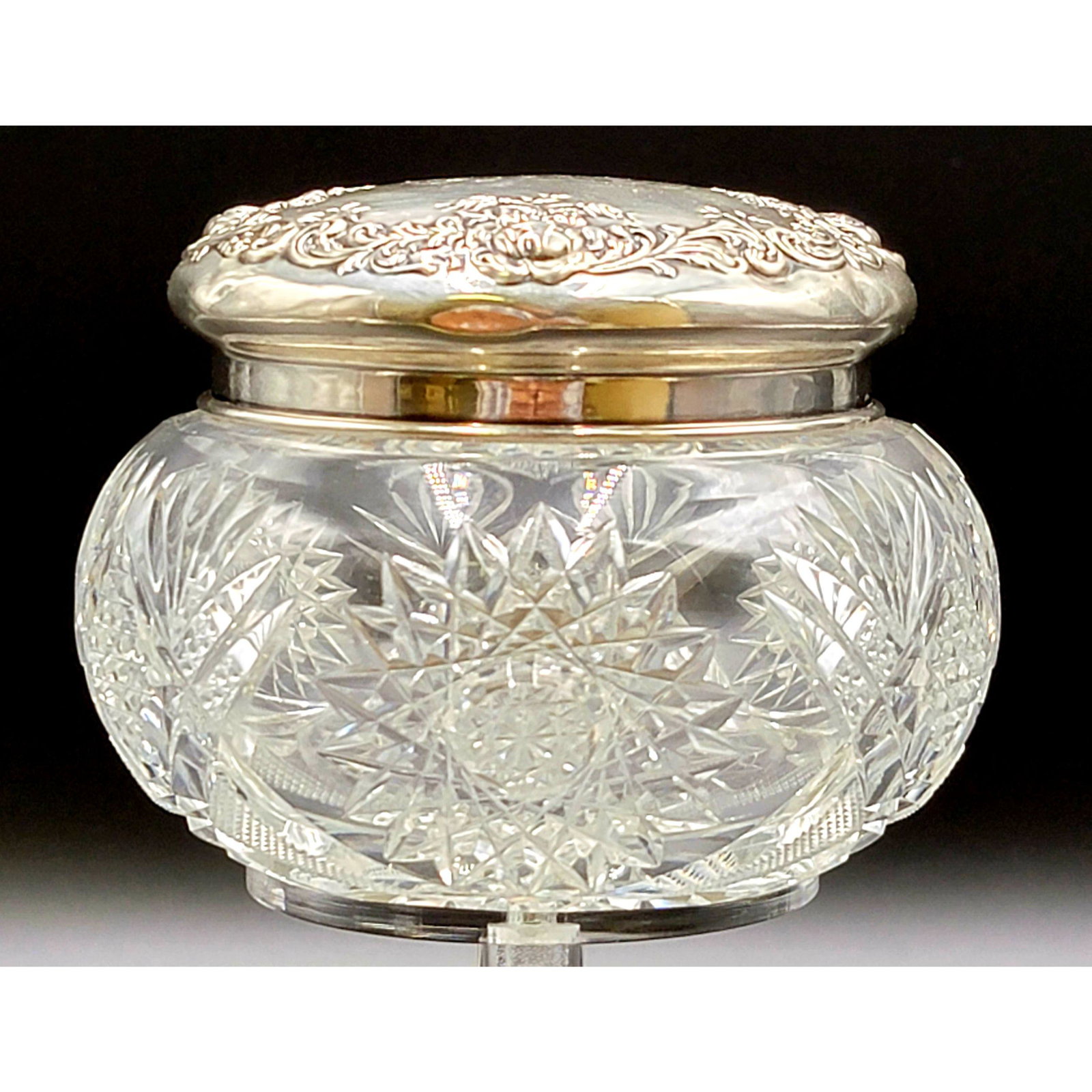 ABP Cut Glass Round Box Mereden "SAVOY" Wilcox Sterling: ABP Cut Glass Round Box Mereden "SAVOY" Wilcox Sterling Top With Repousse Roses, (Some Tiny Dents Present). Measure 5" x 3 1/4"