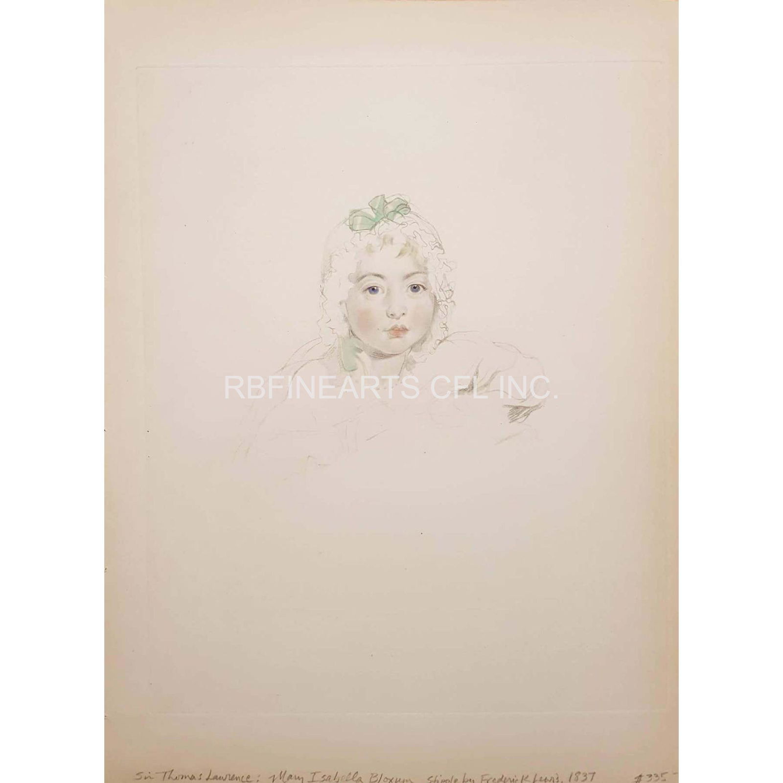 Thomas Lawrence Mary Isabella Bloxum 1837: An original hand-colored stipple engraving on wove paper after English artist Sir Thomas Lawrence (1769-1830) engraved by English artist John Frederick Lewis (1804-1876) titled "Mary Isabella Bloxum",