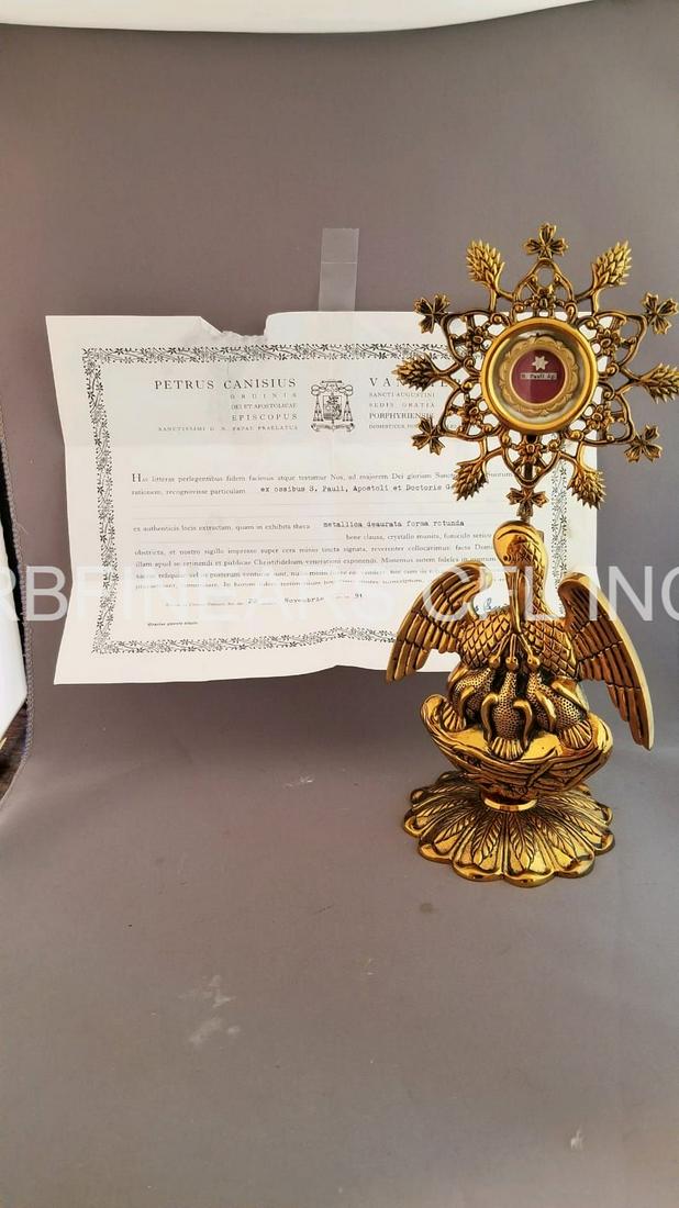 1st Class Relic of Saint Paul the Apostle in a Gothic S: 1st Class Relic of Saint Paul the Apostle in a Gothic Styled Pelican Reliquary and Document. This 1st class relic (ex. Ossibus) of Saint Paul the Apostle is housed in a very different reliquary. The r