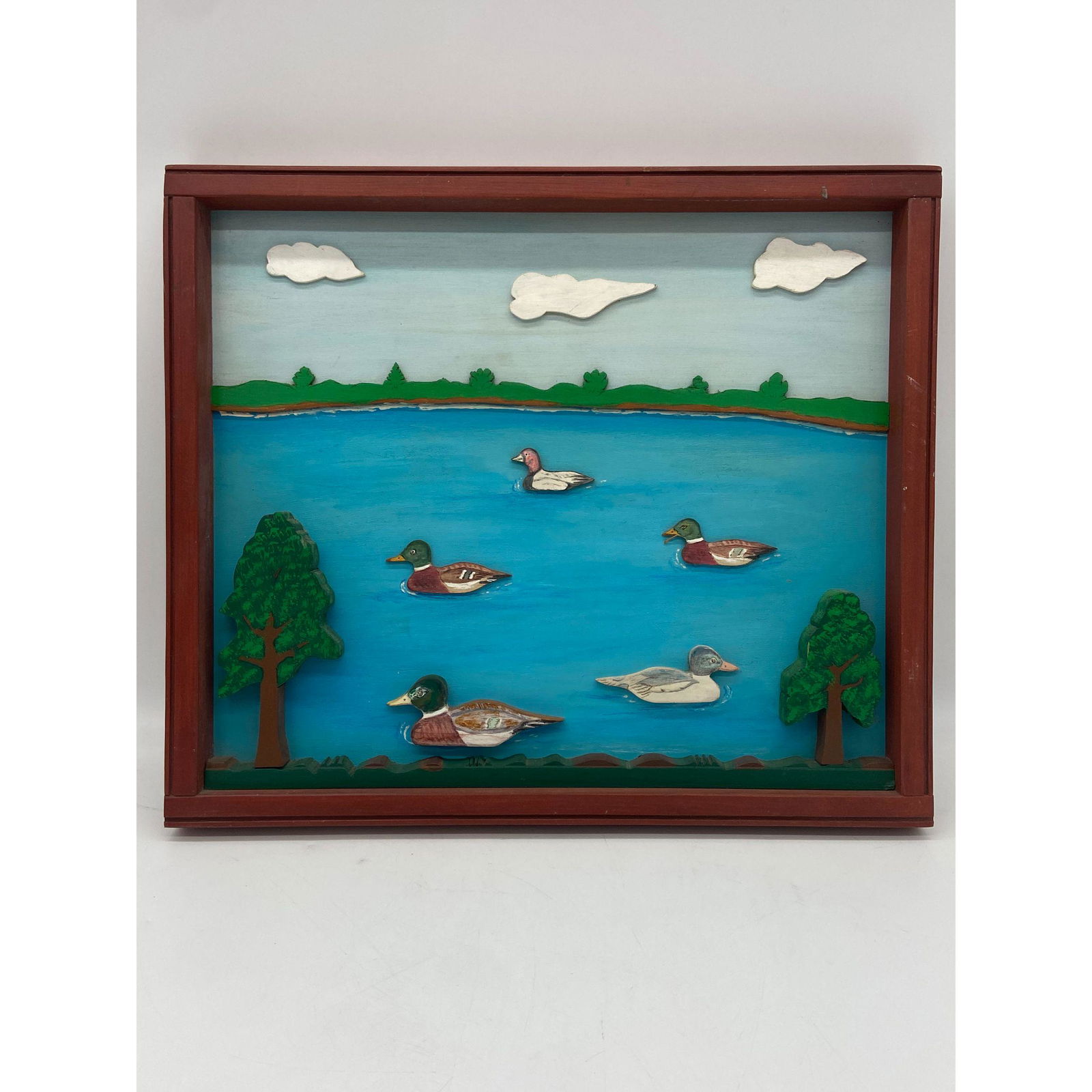 Vintage Folk Art Wood Art Painting Ducks In A Pond (1 of 10)