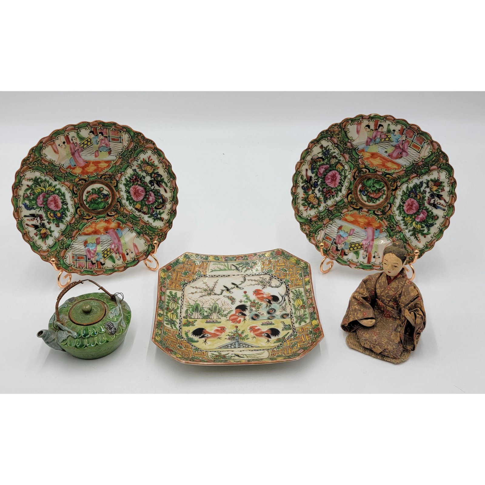 Grouping Of Chinese Plates & Japanese Teapot Doll: Grouping Of Chinese Plates & Japanese Teapot Doll. Plates Measure 7.5", Doll 4.5" And Teapot Signed 4 1/4" x 2"