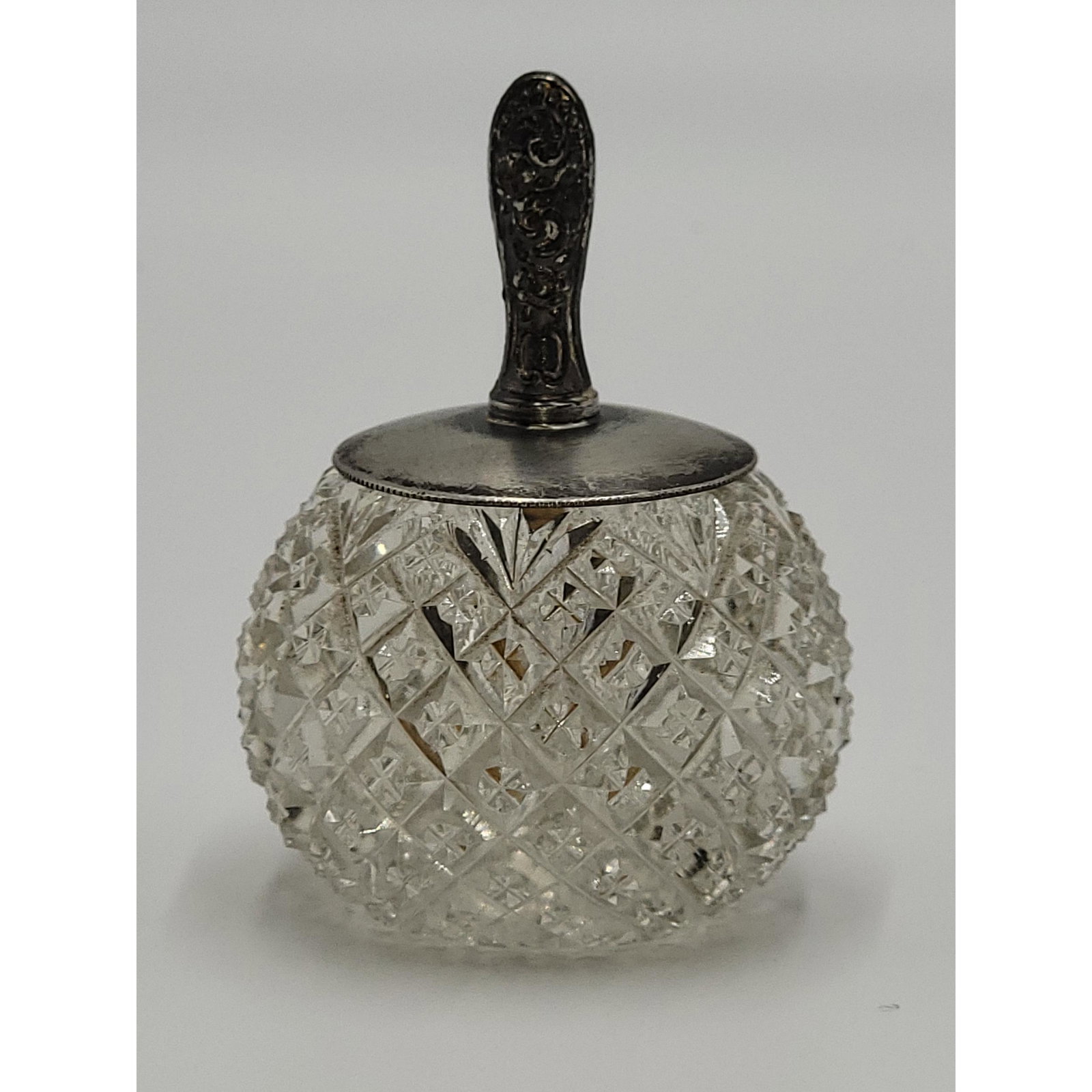 ABP Cut Glass Mucildege Or Paste Pot: ABP Cut Glass Mucildege Or Paste Pot, Measures 3 1/2" Tall, Strawberry Diamond cut and fan motif