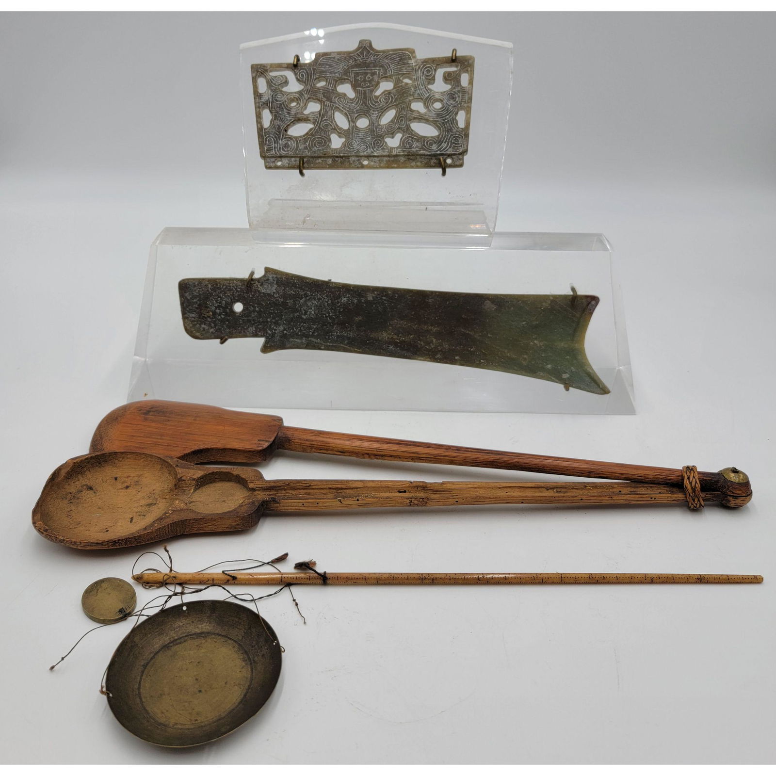 2 Chinese Carved Jade Blade & Plaque + Opium Scale (1 of 11)