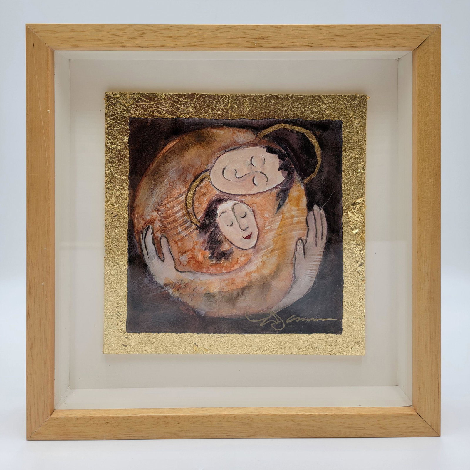 Mary Ann James Mix Media Painting Signed Madonna Child: Mary Ann James Mix Media Painting Signed. Frame Measure 11.5" x 11.5"