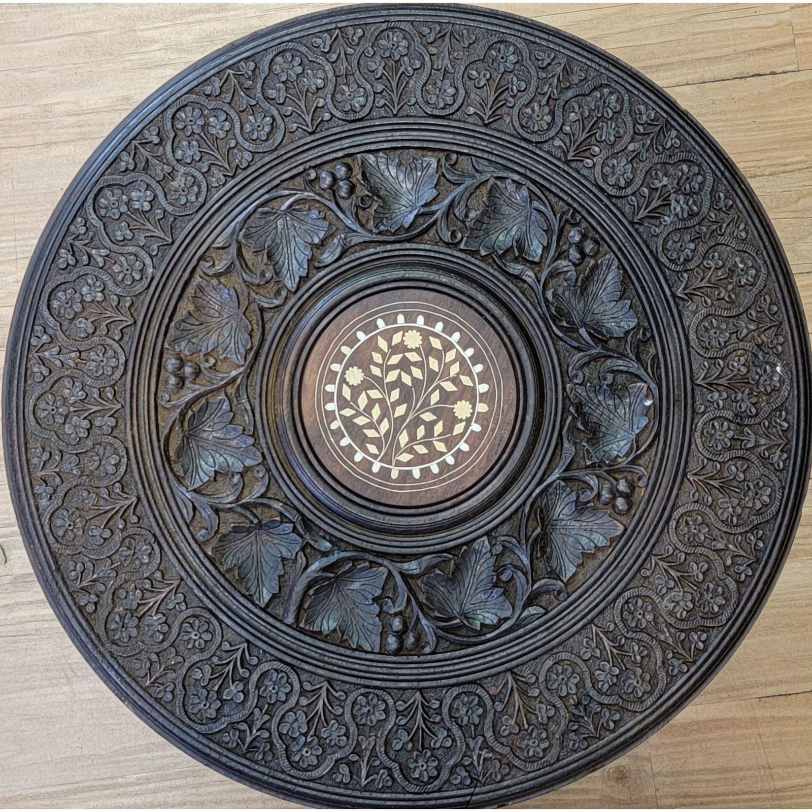 Burmese Style Brass Inlaid Carved Teak Side Table (1 of 11)