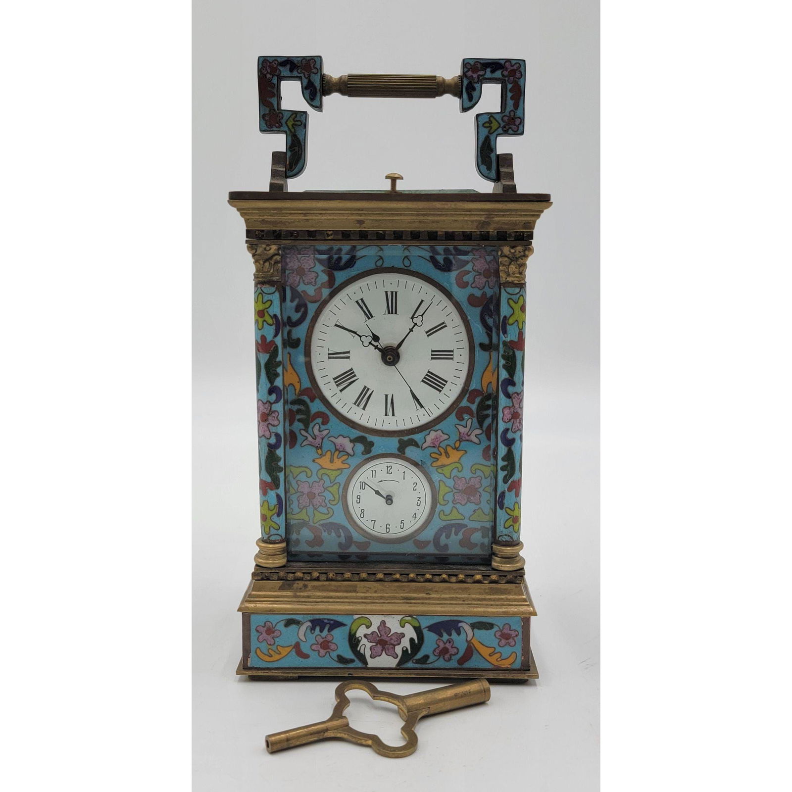 Vintage French Bronze Cloisonné Carriage Clock & Key (1 of 18)