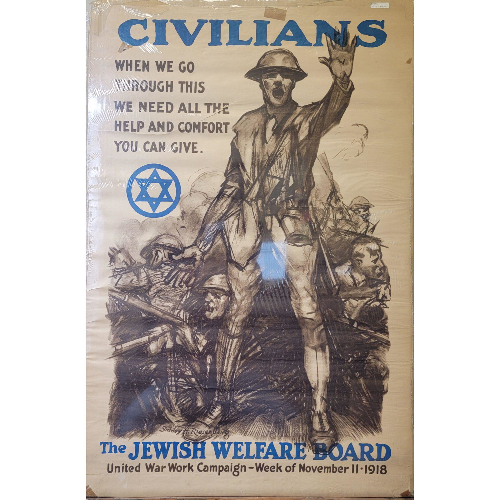 ORIGINAL Civilians / Jewish Welfare Board. 1918.: ARTIST: SIDNEY H. RIESENBERG (1885-1971) SIZE: 22 x 33 INCHES. PRINTER: Alex Gravure, NY DESCRIPTION: "One of the greatest illustrators of the World War I era" (Karal Ann Marling), Sidney Reisenberg p